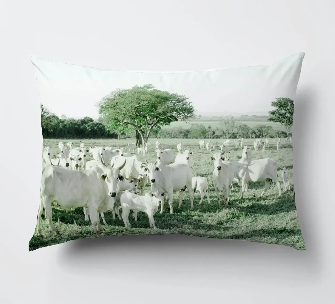 Mucche bianche in un campo verde cuscino da KISSA STUDIO