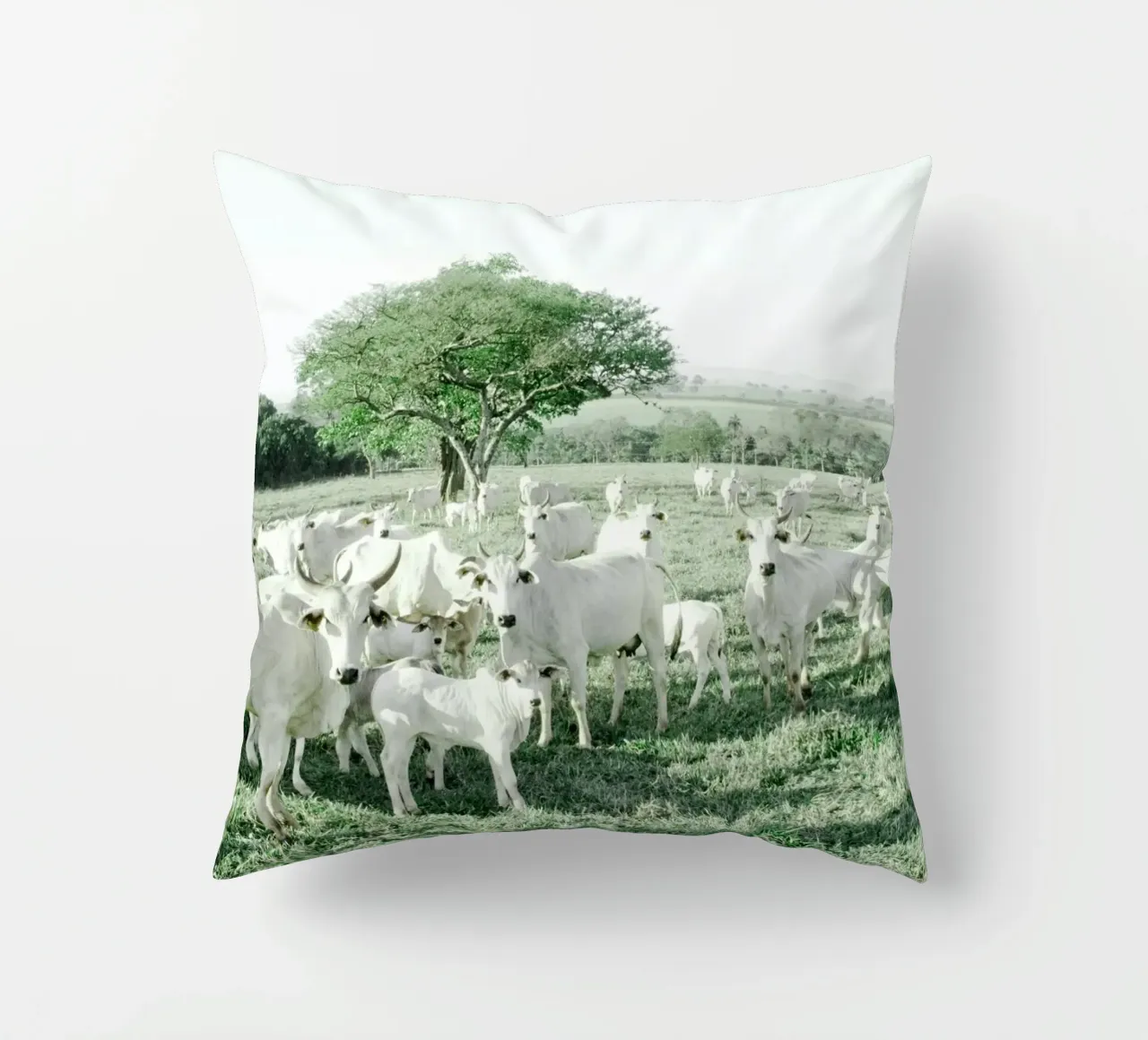 Mucche bianche in un campo verde cuscino da KISSA STUDIO
