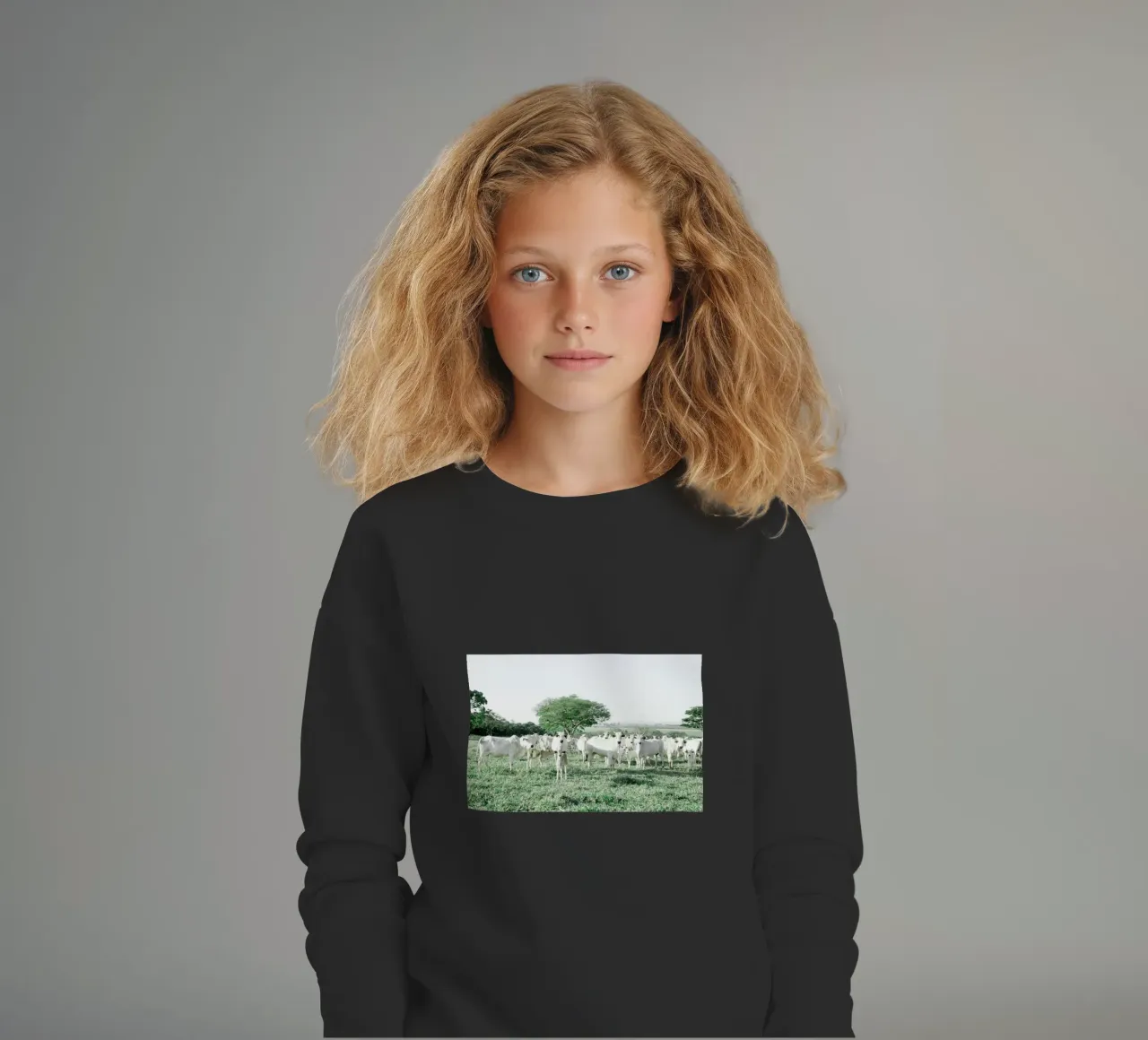 Mucche bianche in un campo verde felpa bambino da KISSA STUDIO