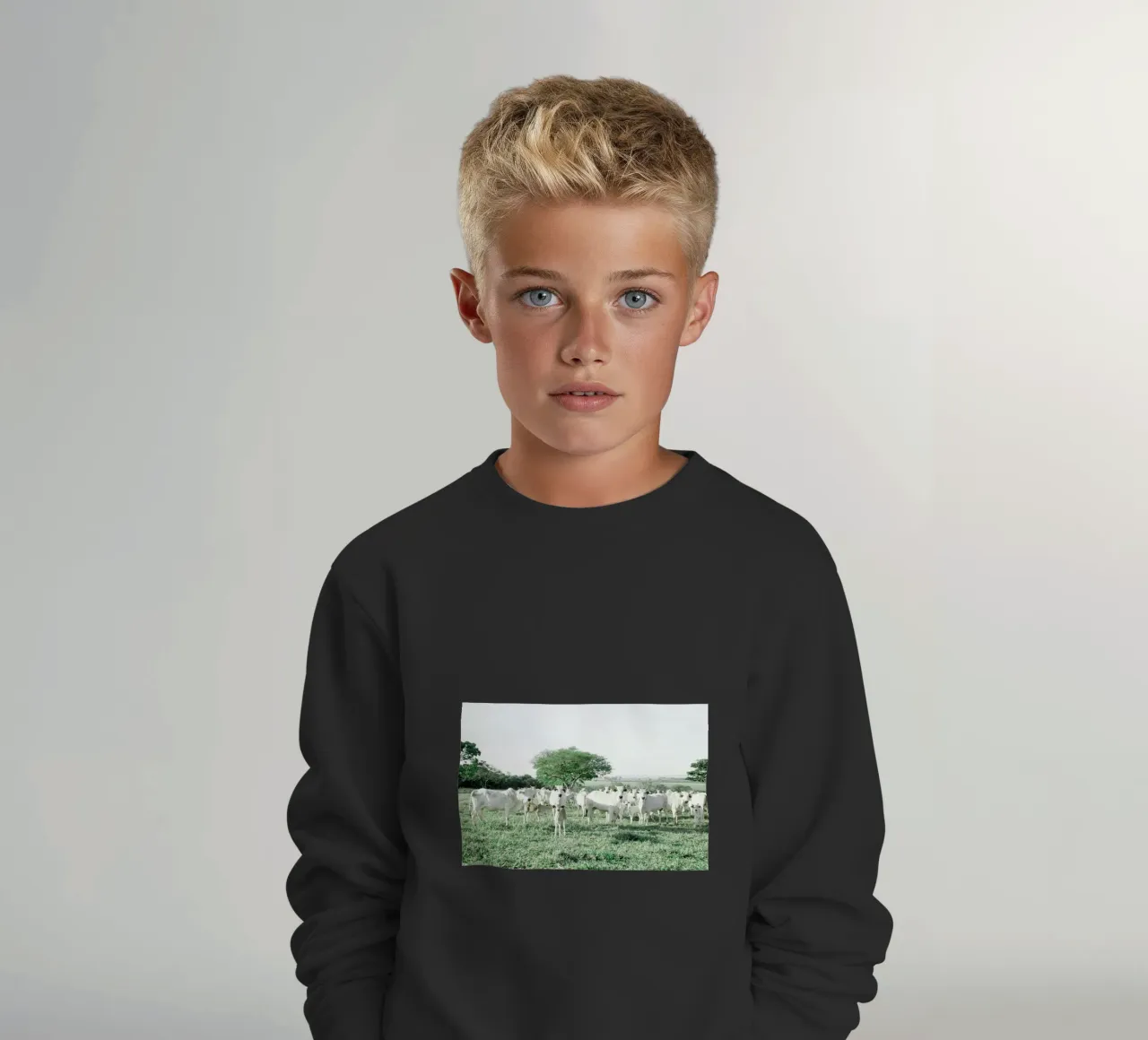 Mucche bianche in un campo verde felpa bambino da KISSA STUDIO