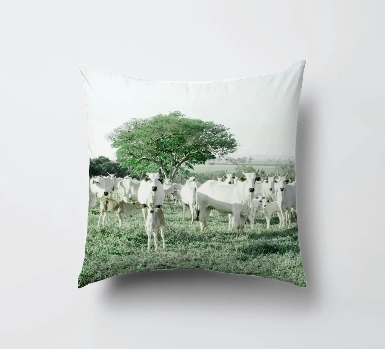 Mucche bianche in un campo verde cuscino da KISSA STUDIO