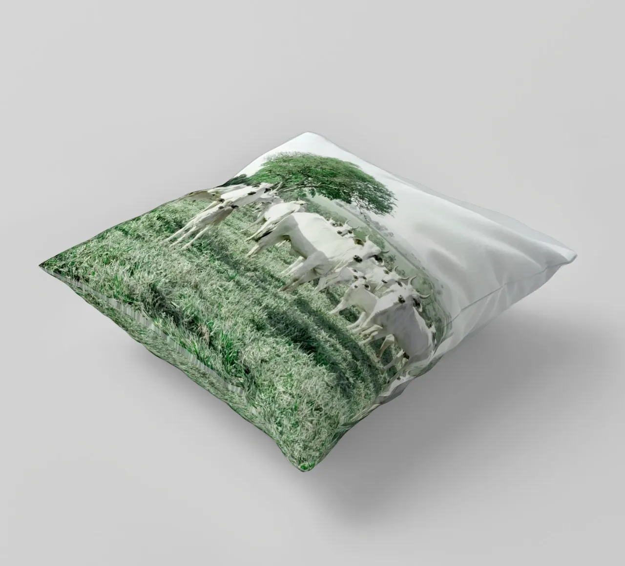 Mucche bianche in un campo verde cuscino da KISSA STUDIO