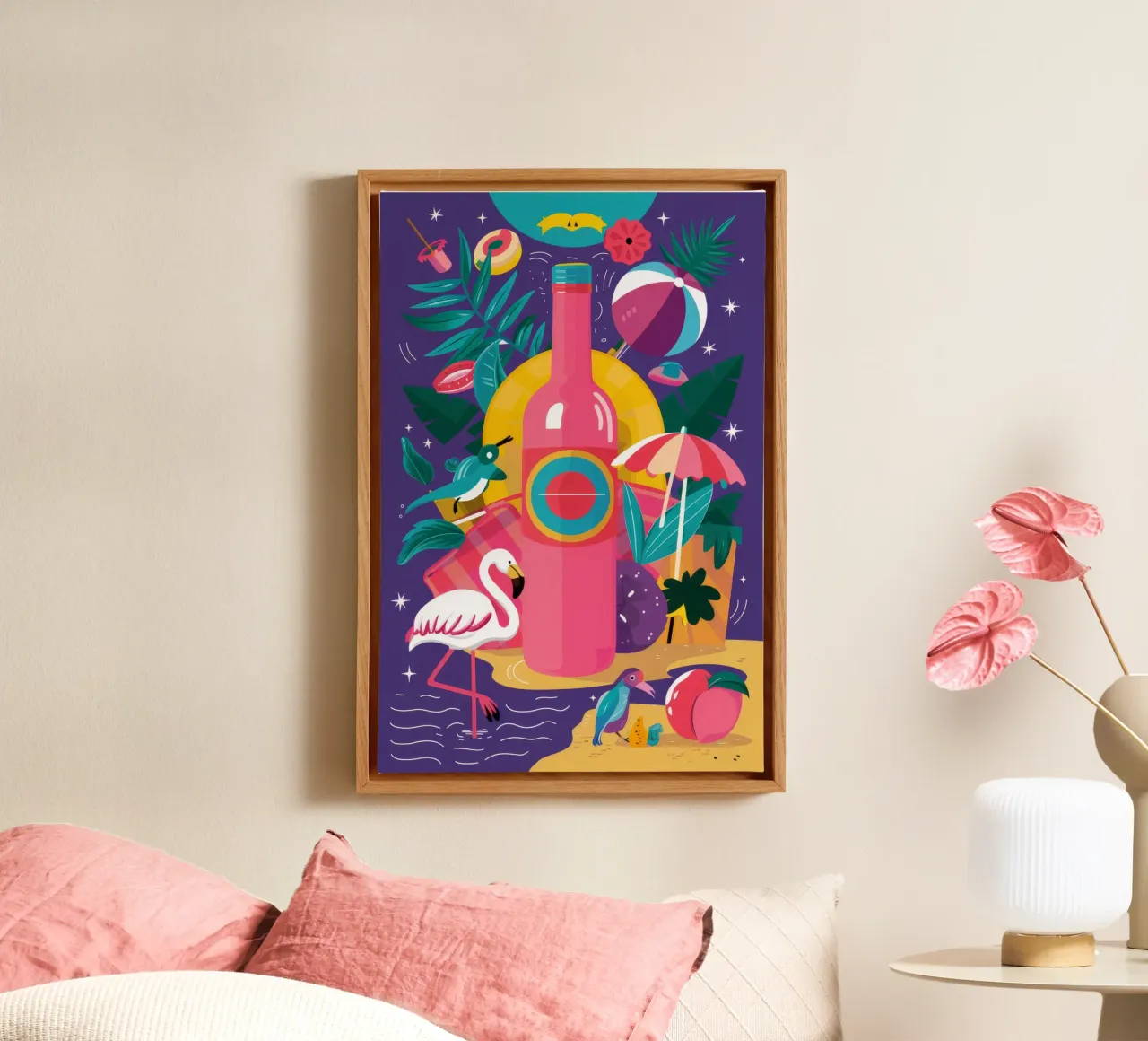 Flamingo Wijnkoeler canvas met Baklijst van Muse Artworks