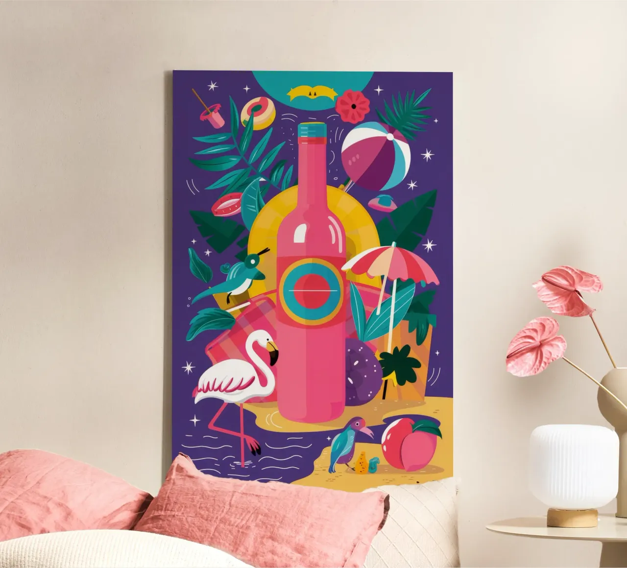Flamingo Wijnkoeler canvas met Baklijst van Muse Artworks