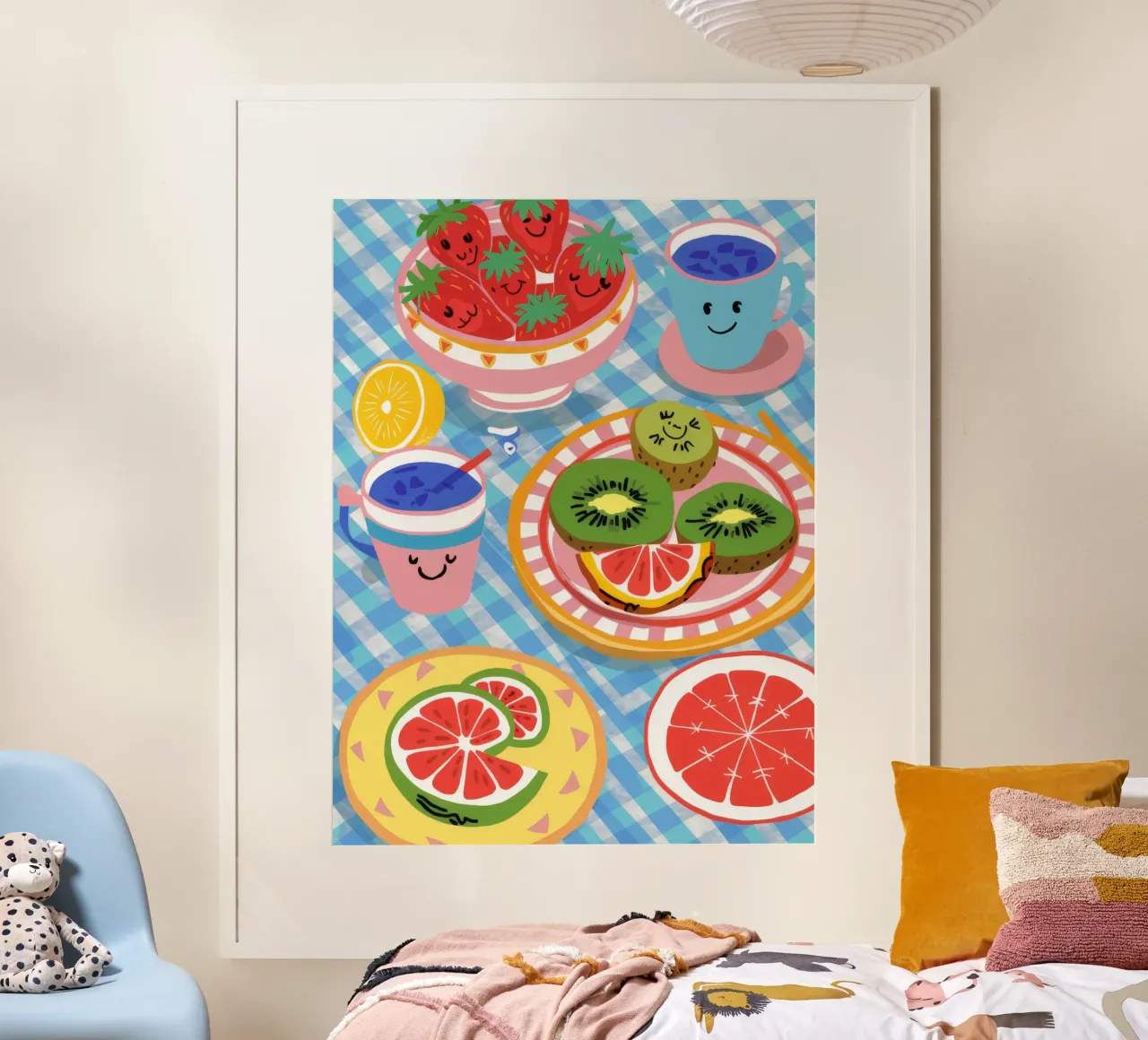 Colazione con la faccia felice poster con telaio in legno da Muse Artworks