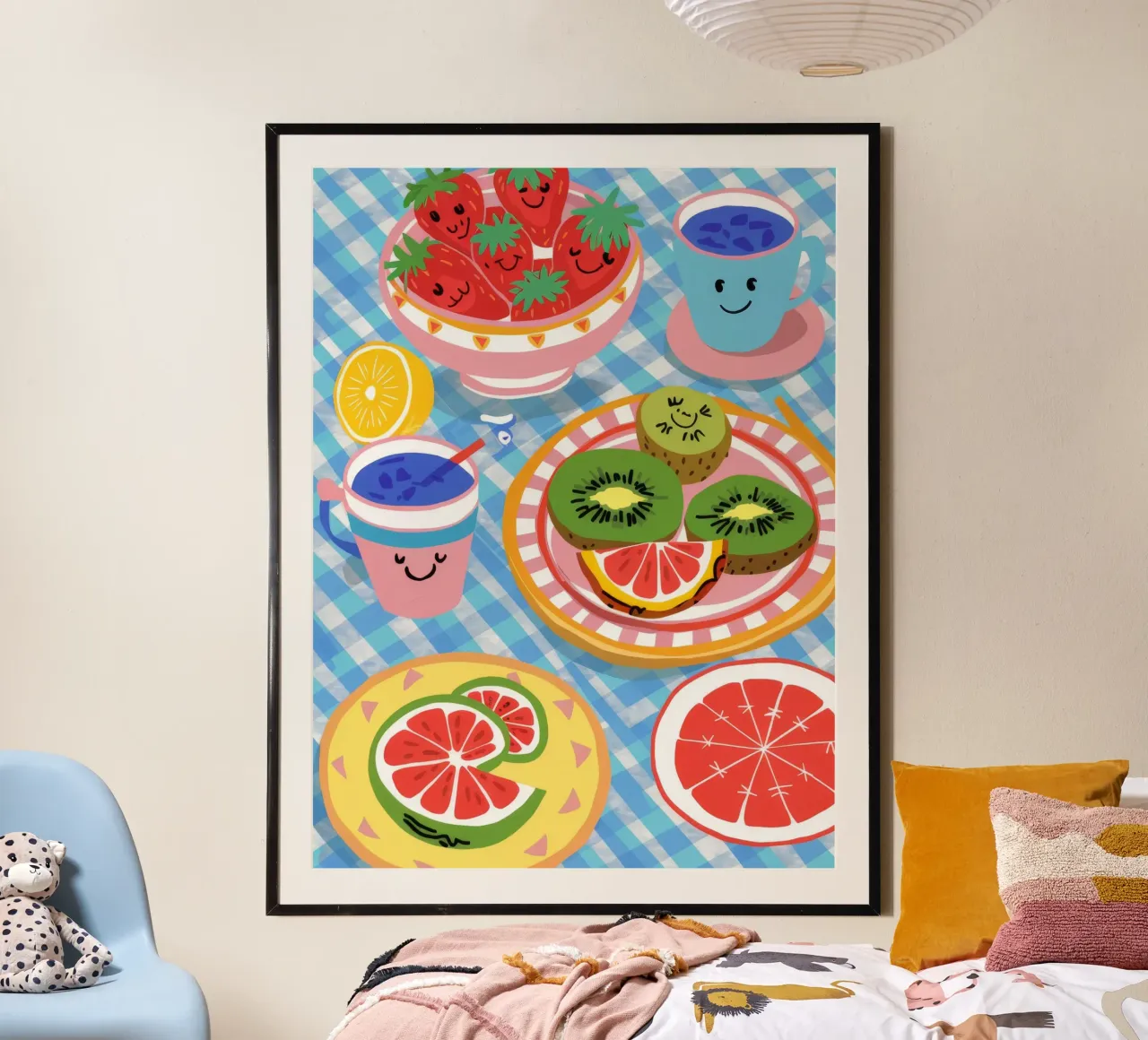 Colazione con la faccia felice poster con telaio in legno da Muse Artworks