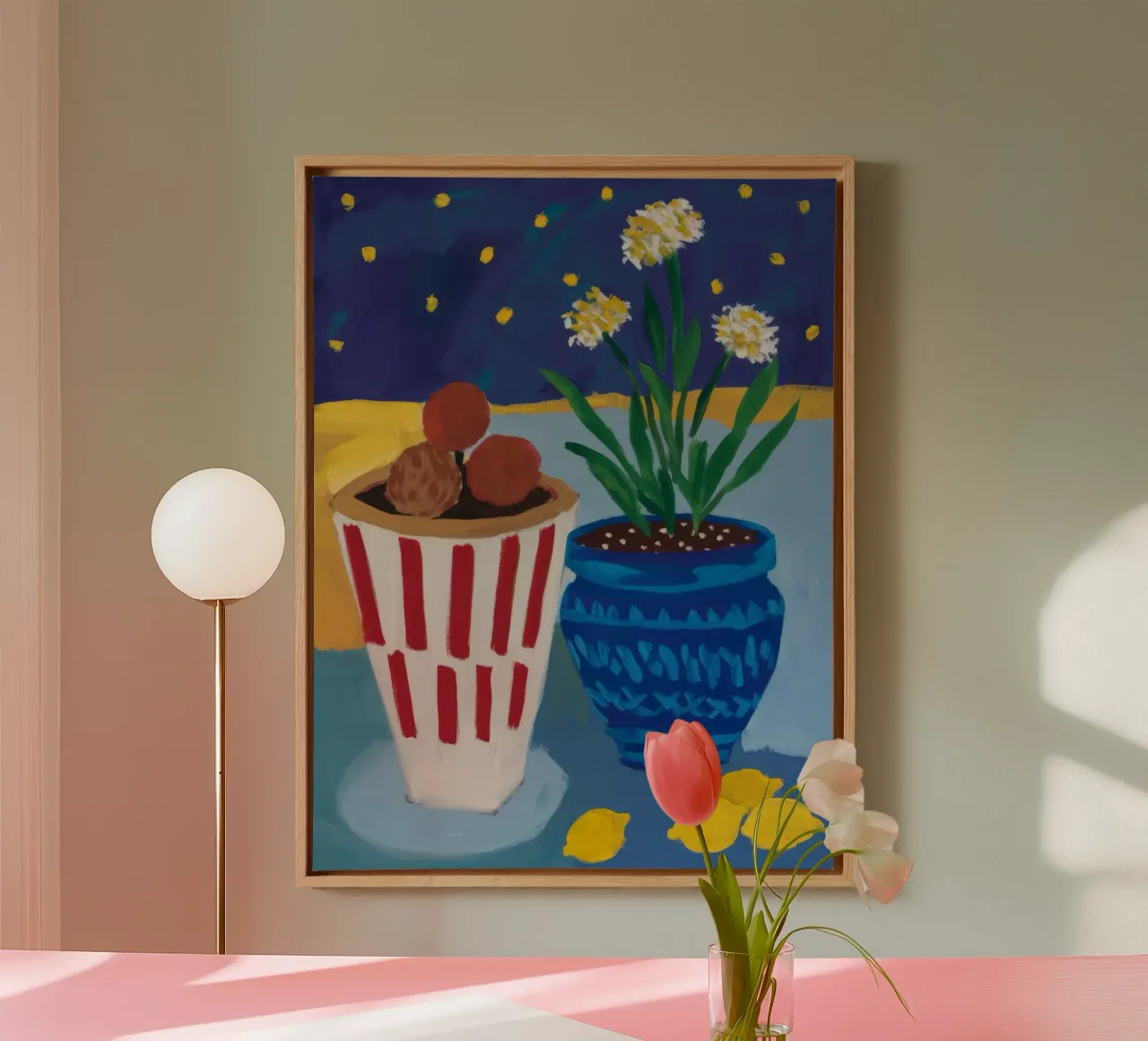 Gestreifte Vase Sternennacht Leinwand mit Schattenfugenrahmen von FadeAura