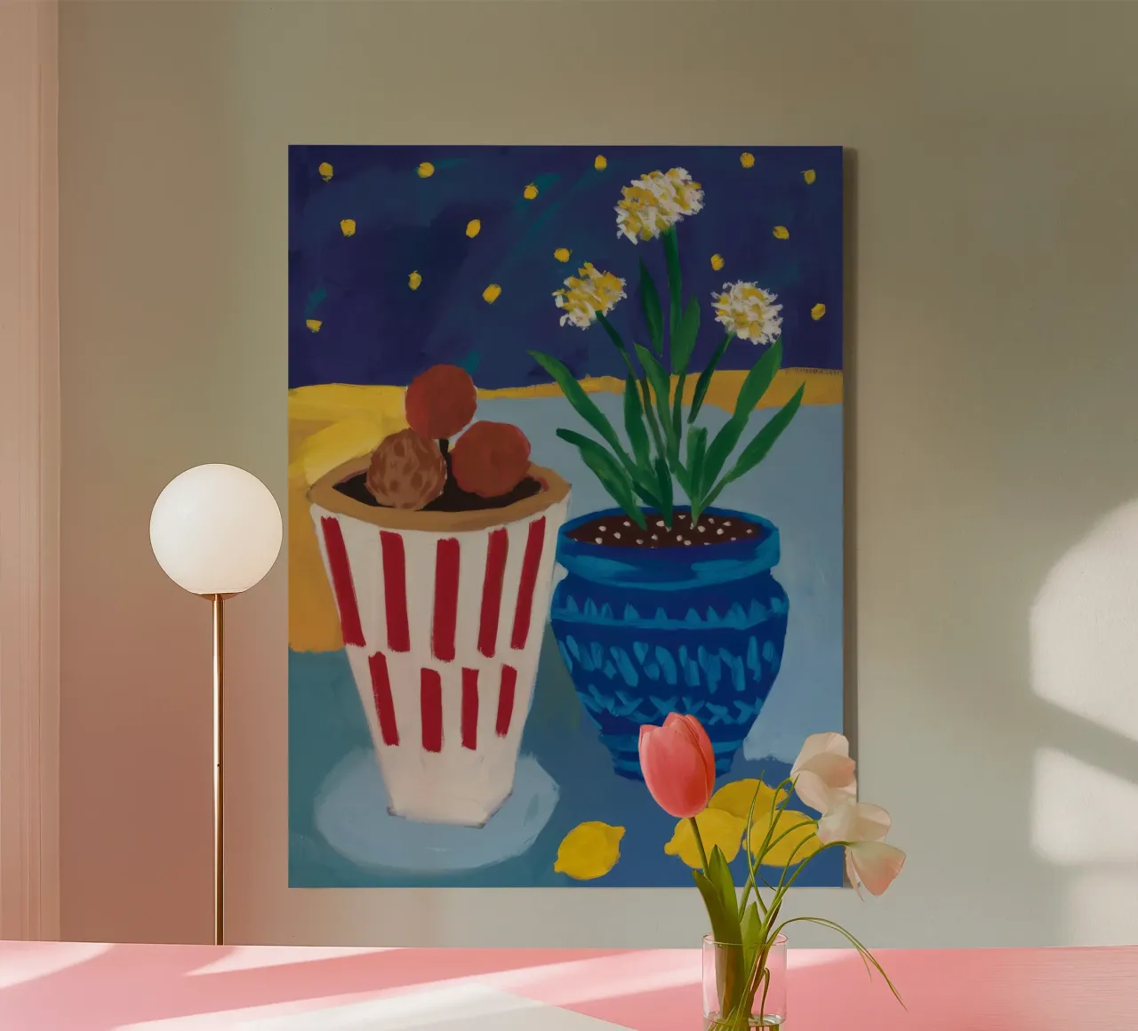 Gestreifte Vase Sternennacht Leinwand mit Schattenfugenrahmen von FadeAura