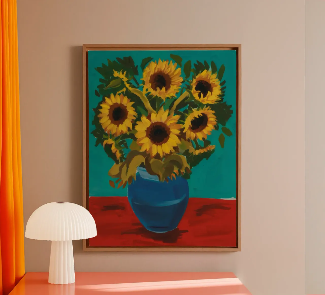 Vaso blu con girasole tela con Cornice a cassetta da FadeAura