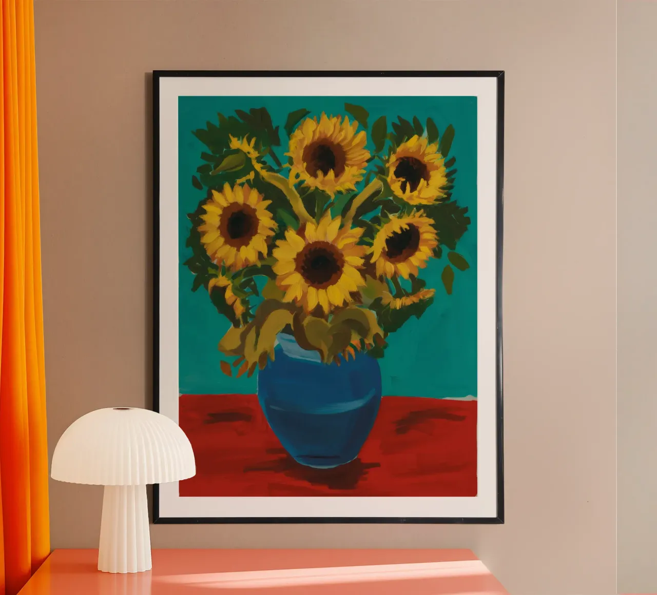 Vaso blu con girasole poster con telaio in plastica da FadeAura