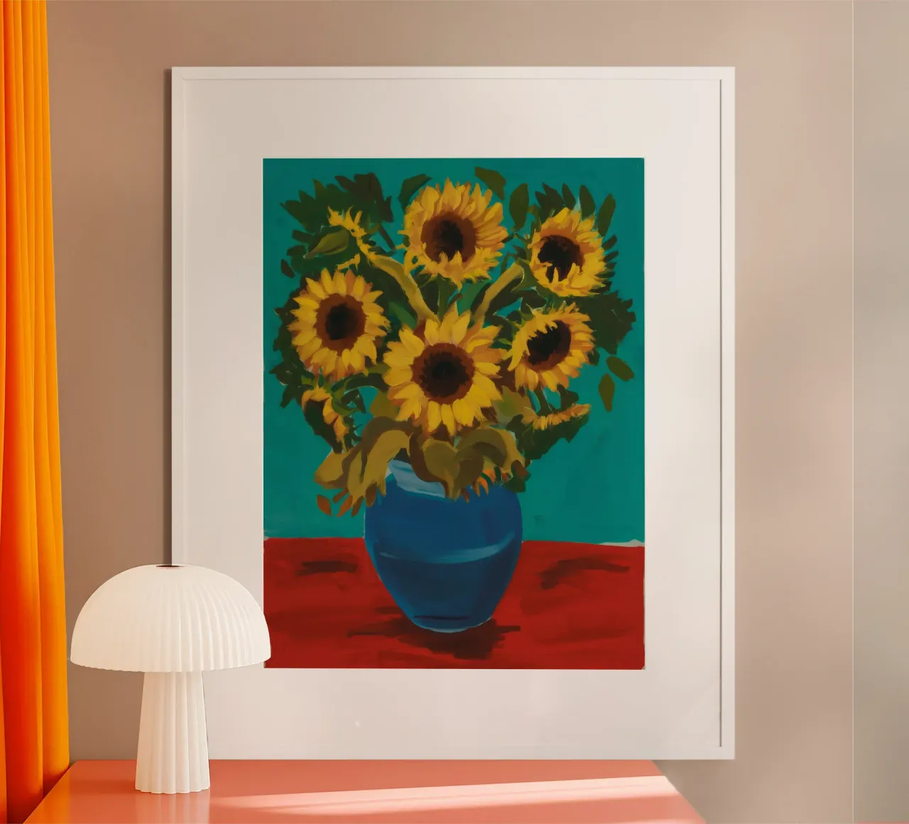 Vaso blu con girasole poster con telaio in plastica da FadeAura