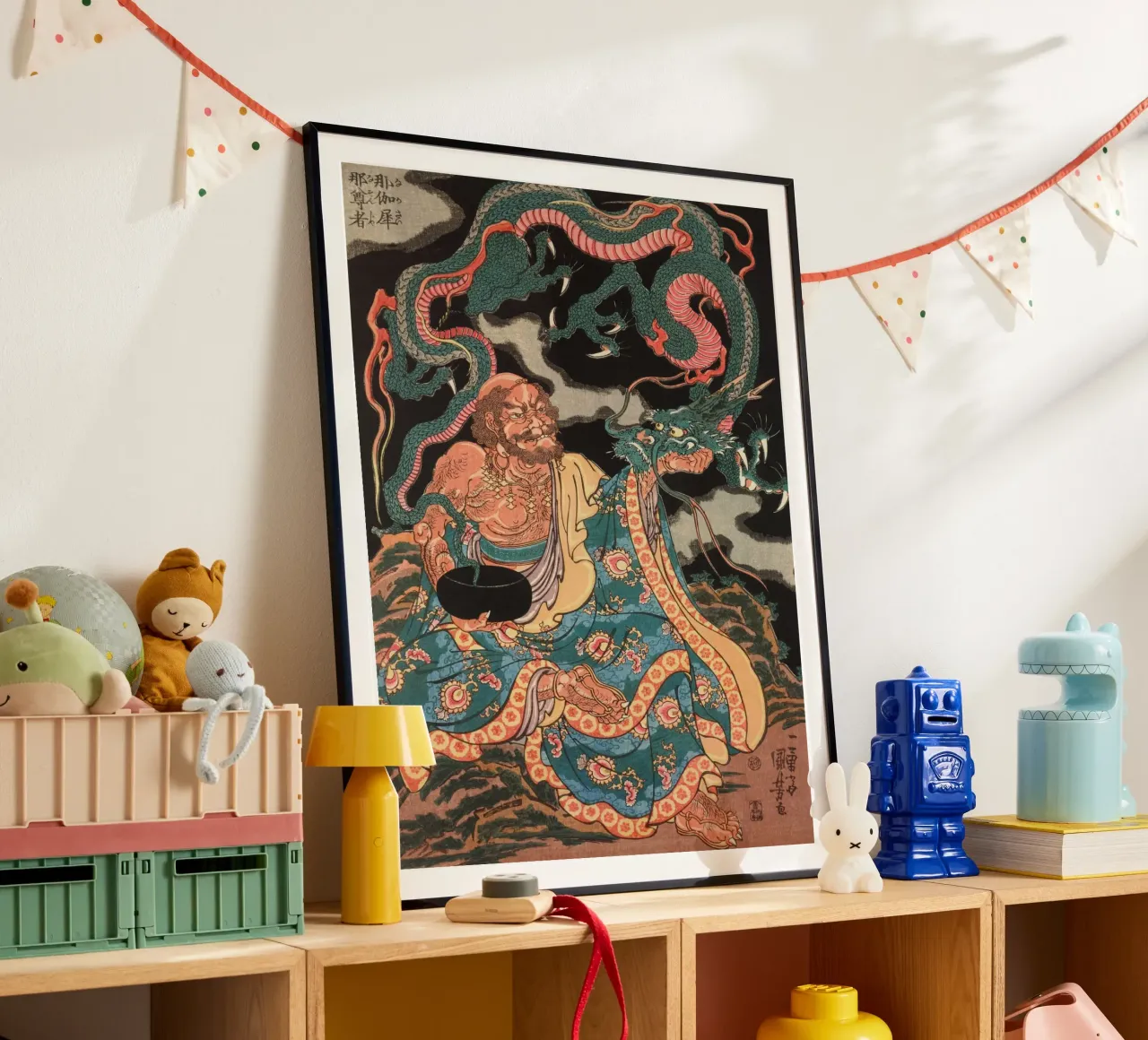 Sorcier avec son dragon - Ancien art japonais Ukiyo-e poster avec cadre en plastique de Masterpieces Of Japanese Art