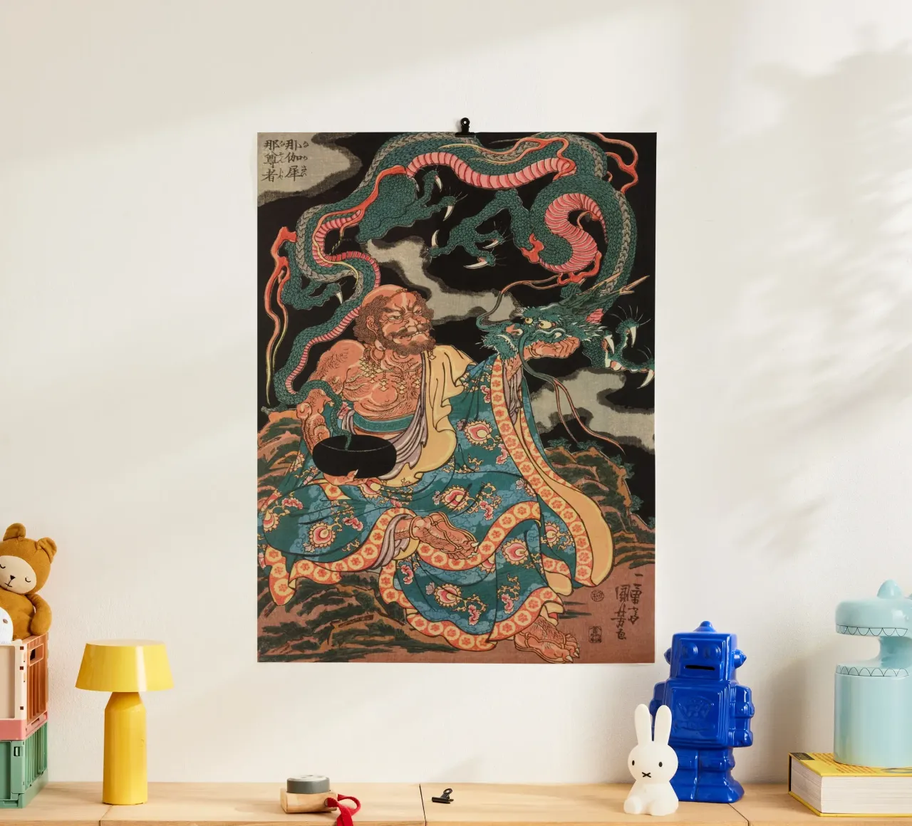 Sorcier avec son dragon - Ancien art japonais Ukiyo-e poster avec cadre en plastique de Masterpieces Of Japanese Art