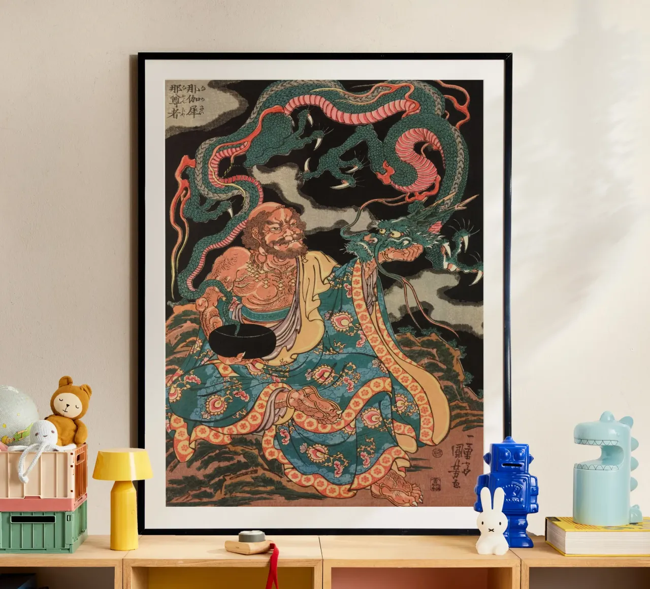 Sorcier avec son dragon - Ancien art japonais Ukiyo-e poster avec cadre en plastique de Masterpieces Of Japanese Art