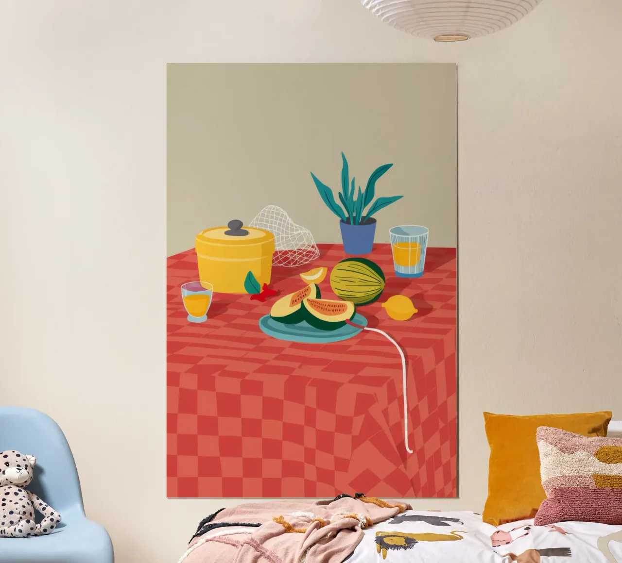 Quietud a cuadros rojos poster con marco de madera de Muse Artworks