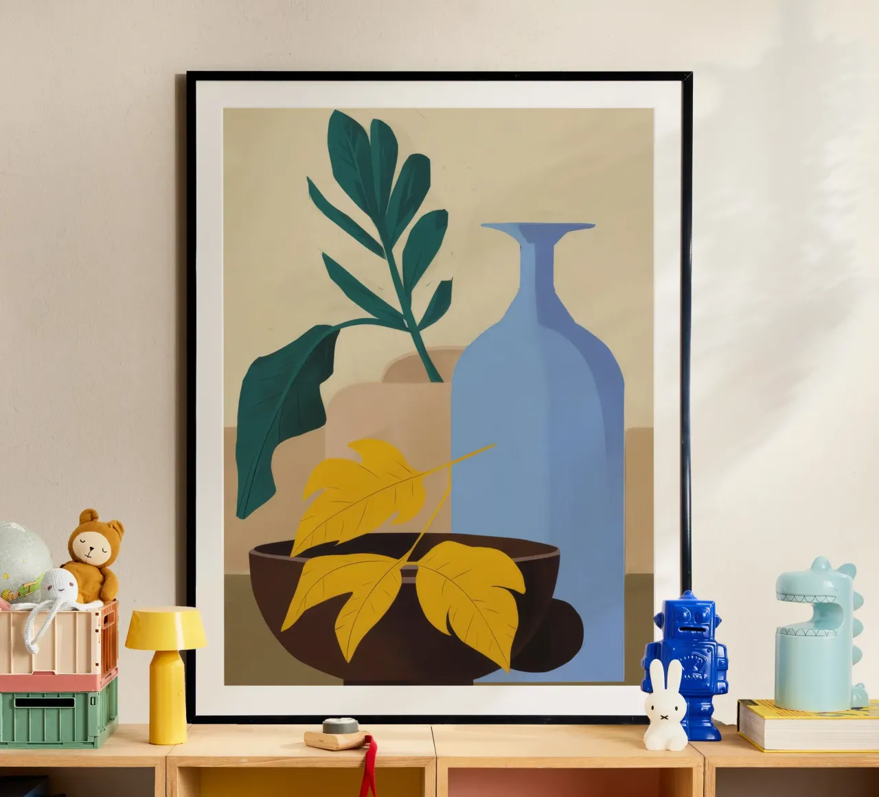Blue Bottle Yellow Leaf poster by FadeAura