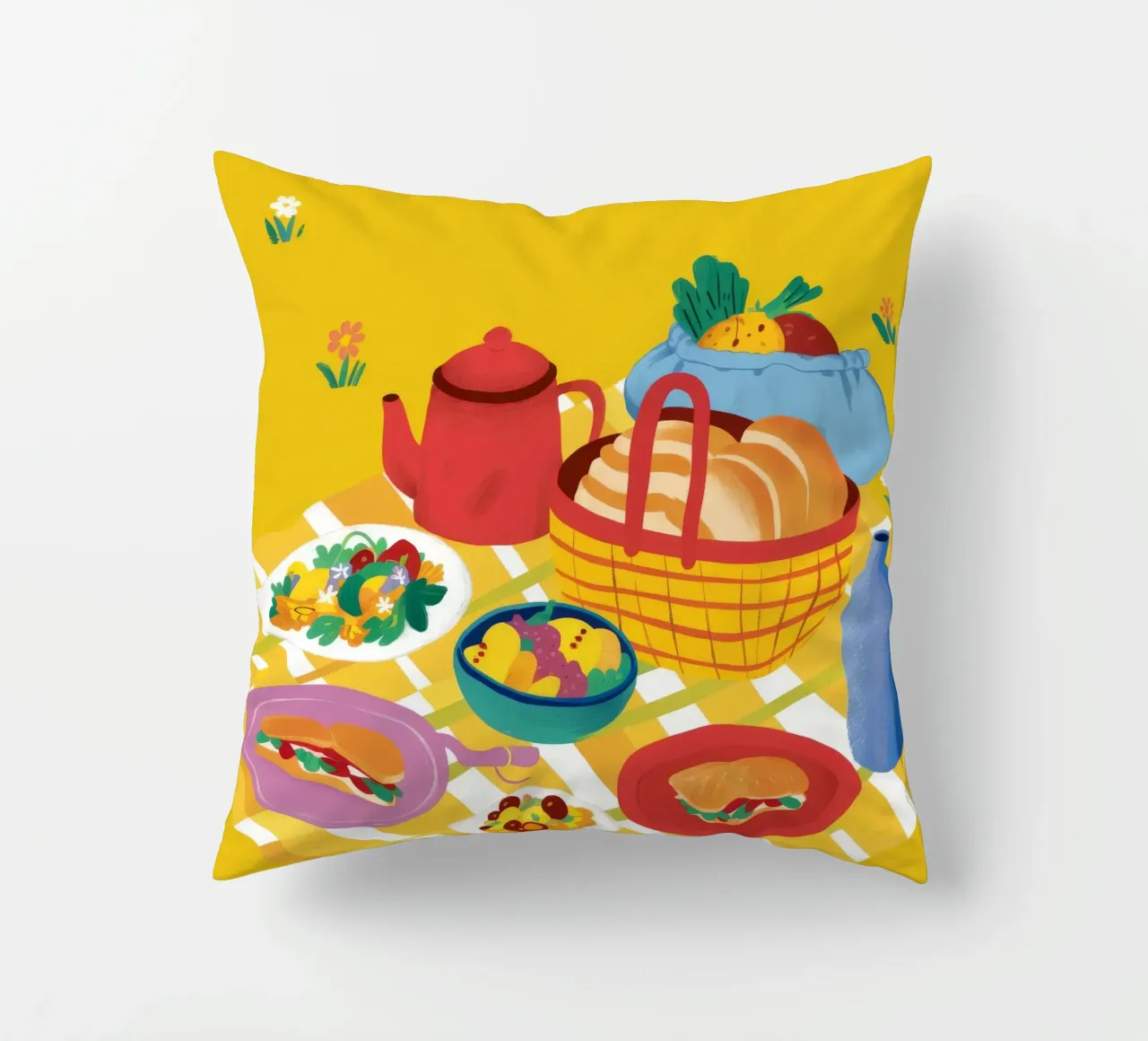 Red Teapot Picnic cuscino da Muse Artworks