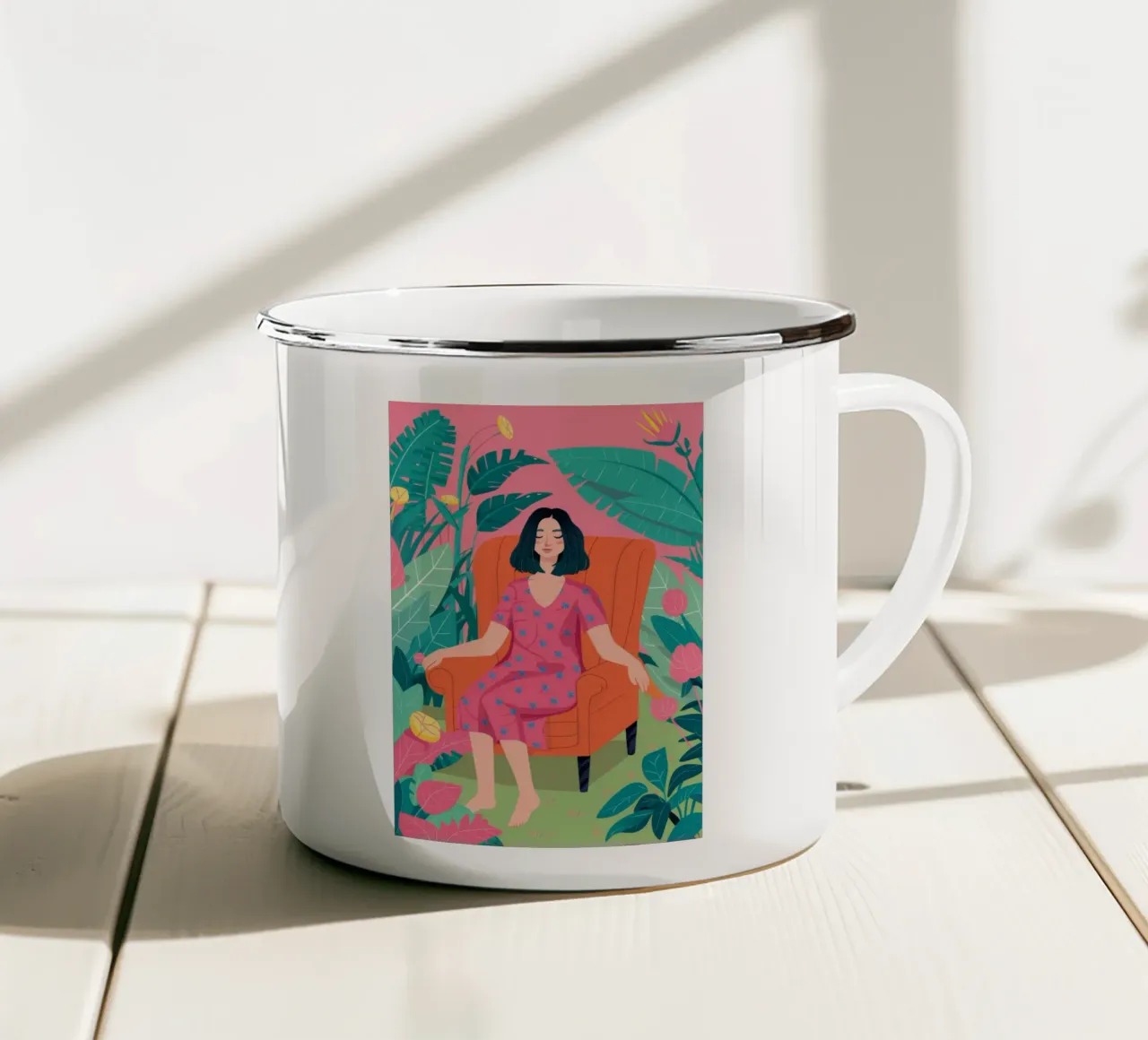 Roze jurk tuin rust emaille mok van FadeAura