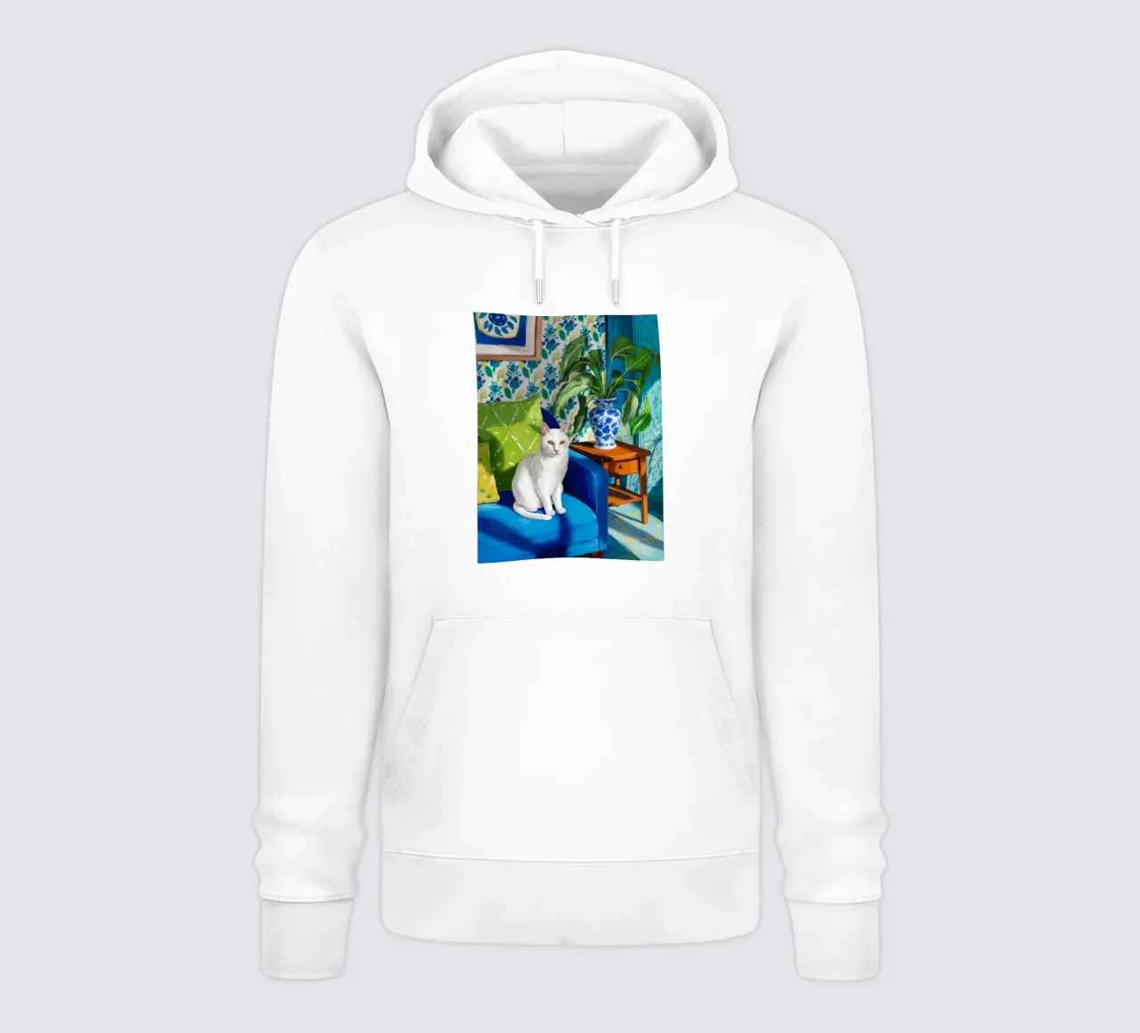 Gatto bianco Sedia blu felpa con cappuccio da FadeAura