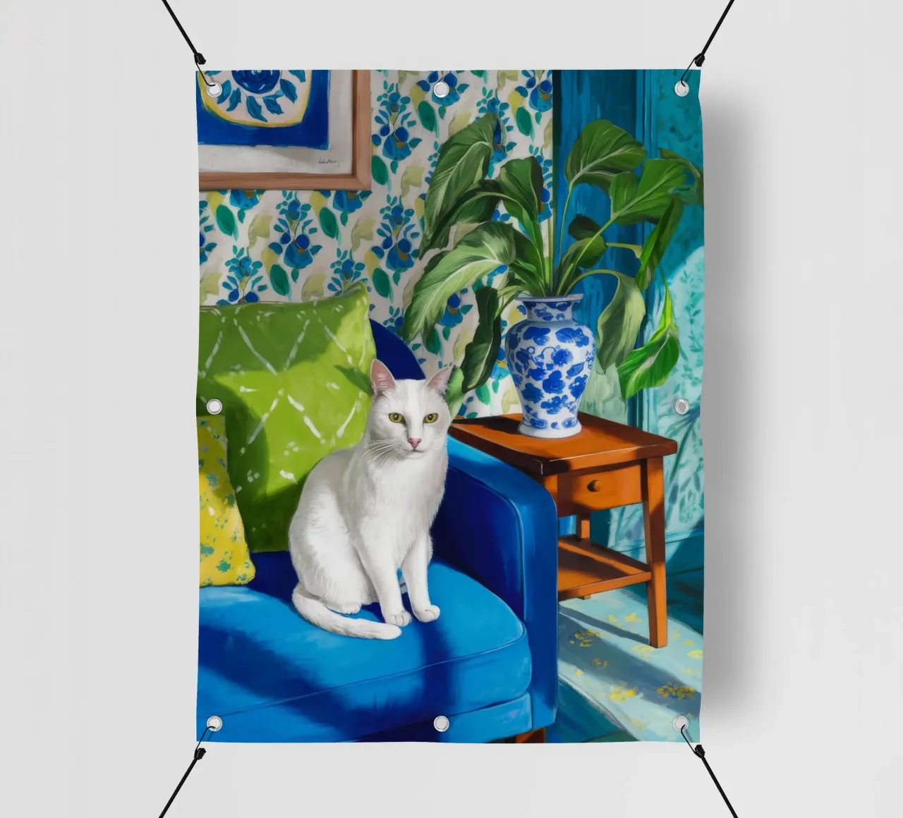 Gatto bianco Sedia blu telo in pvc da FadeAura