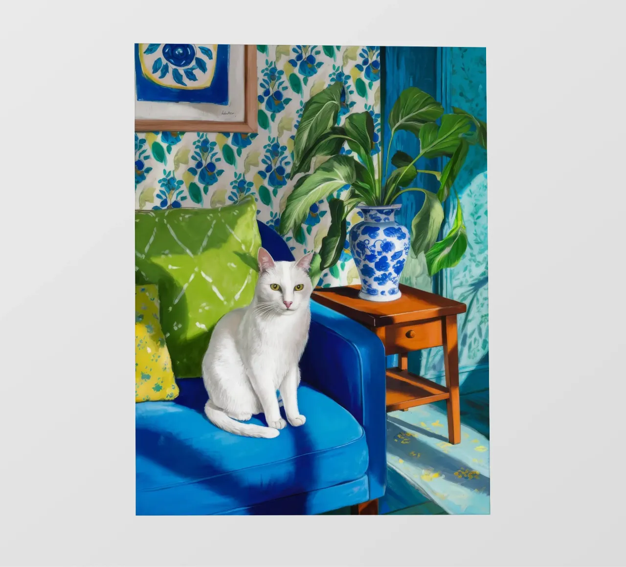 Gatto bianco Sedia blu telo in pvc da FadeAura