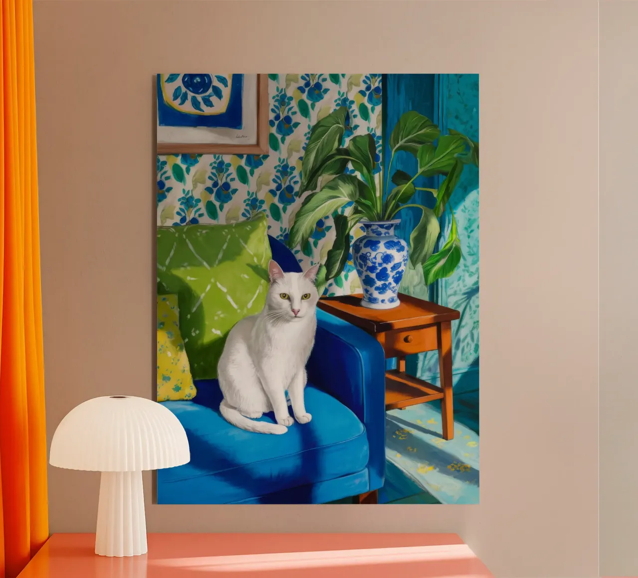 Gatto bianco Sedia blu alluminio dibond da FadeAura