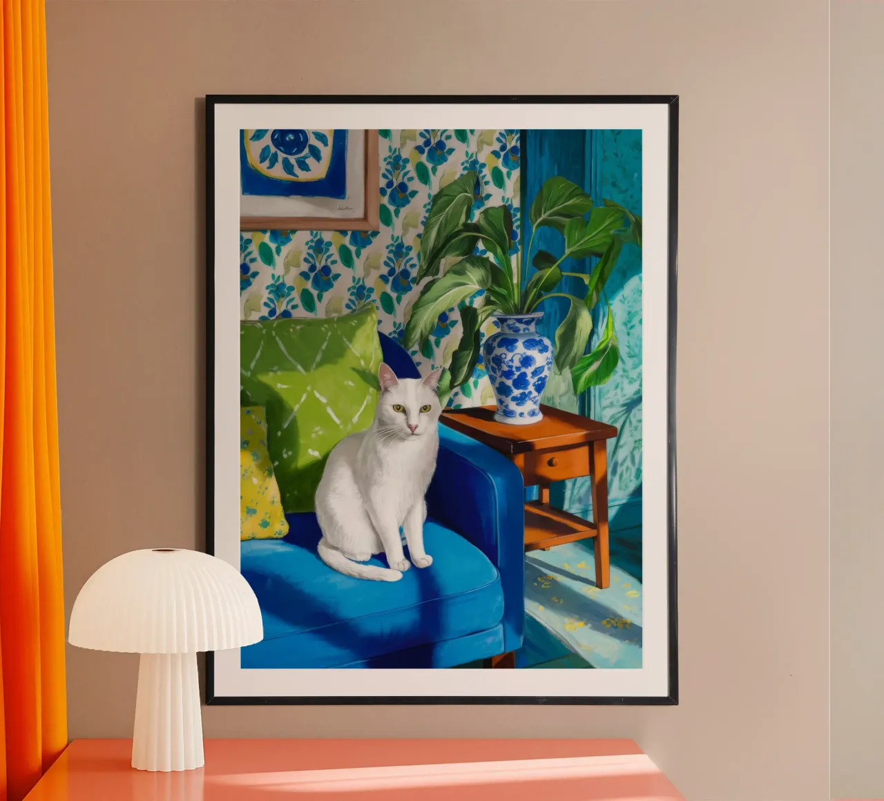 Gatto bianco Sedia blu carta hahnemühle da FadeAura