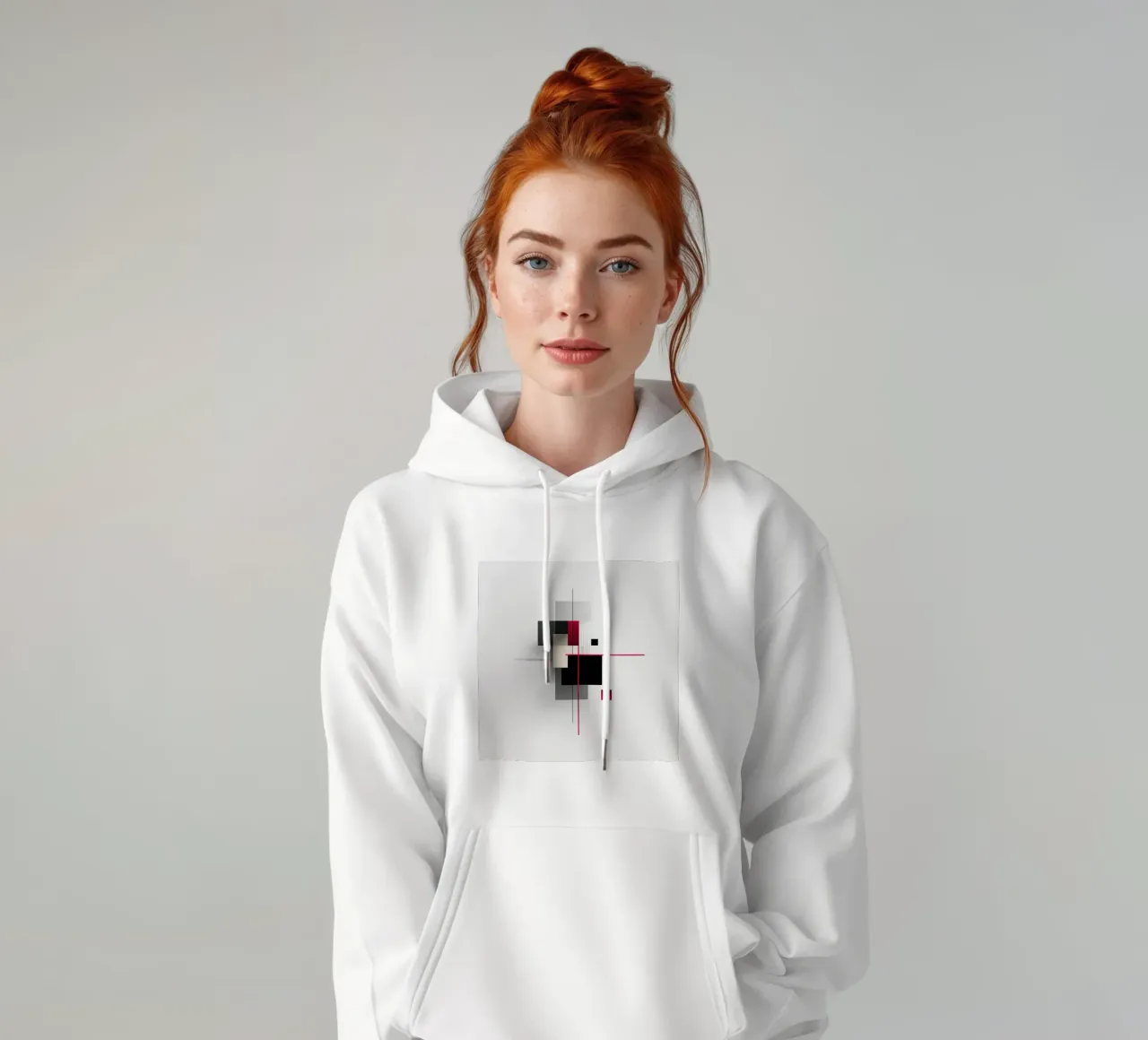 Composizione geometrica rossa e nera su bianco felpa con cappuccio da Artbyvo