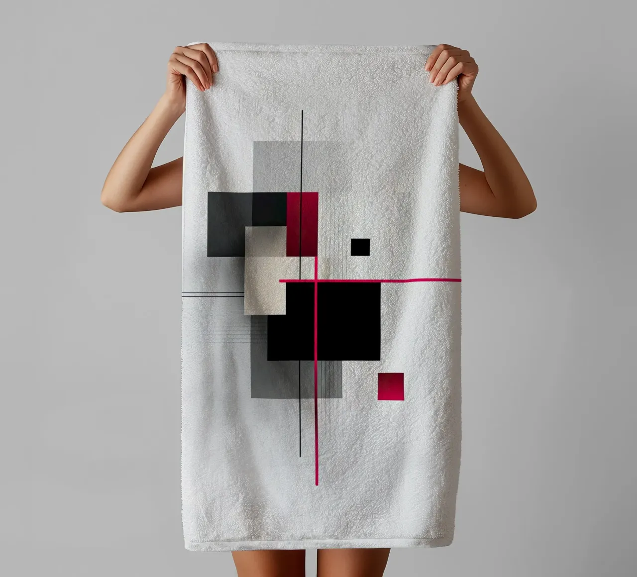 Composizione geometrica rossa e nera su bianco asciugamano da bagno da Artbyvo
