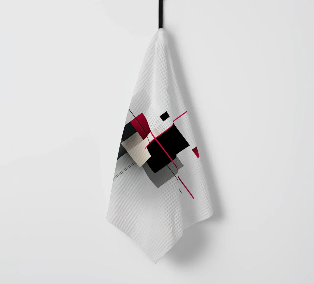 Composizione geometrica rossa e nera su bianco canovaccio da cucina da Artbyvo