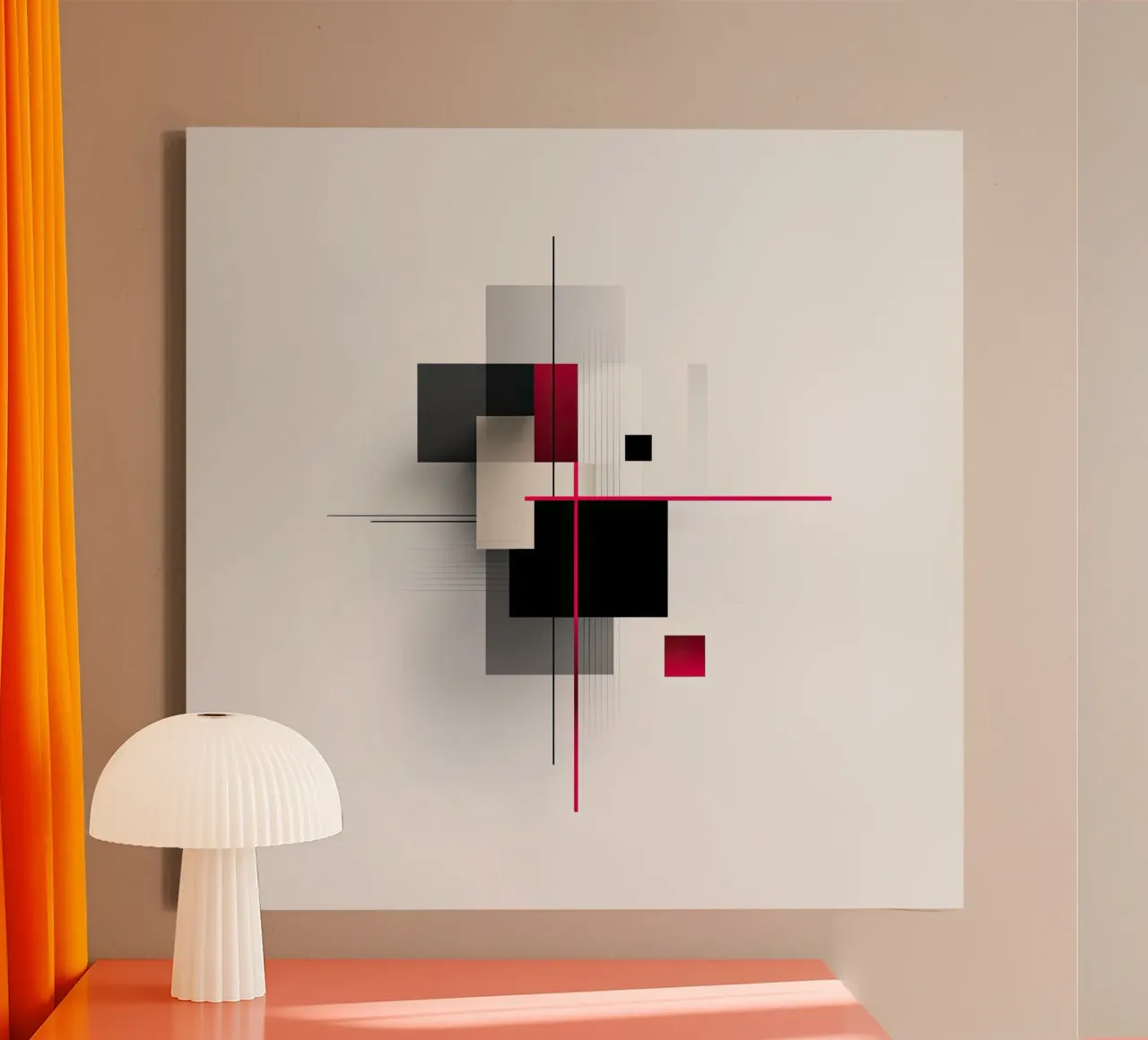 Composizione geometrica rossa e nera su bianco tela con Cornice a cassetta da Artbyvo