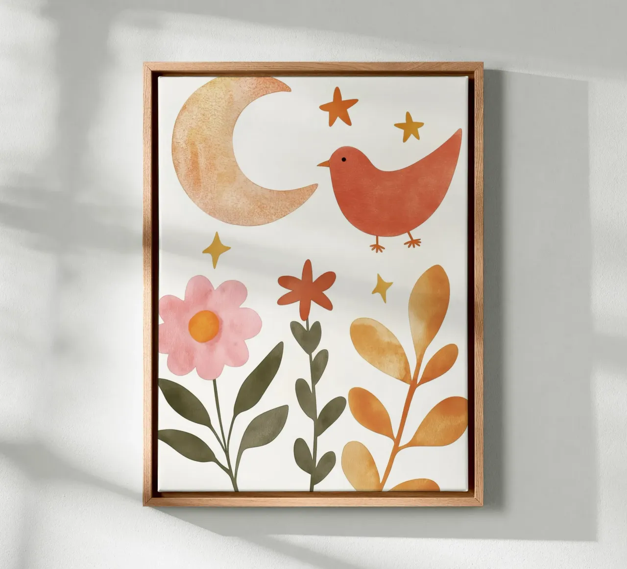 Boho Vogel in Maan Tuin Vintage Botanische Bloemen & Sterren canvas met Baklijst van Gentle Echoes Art
