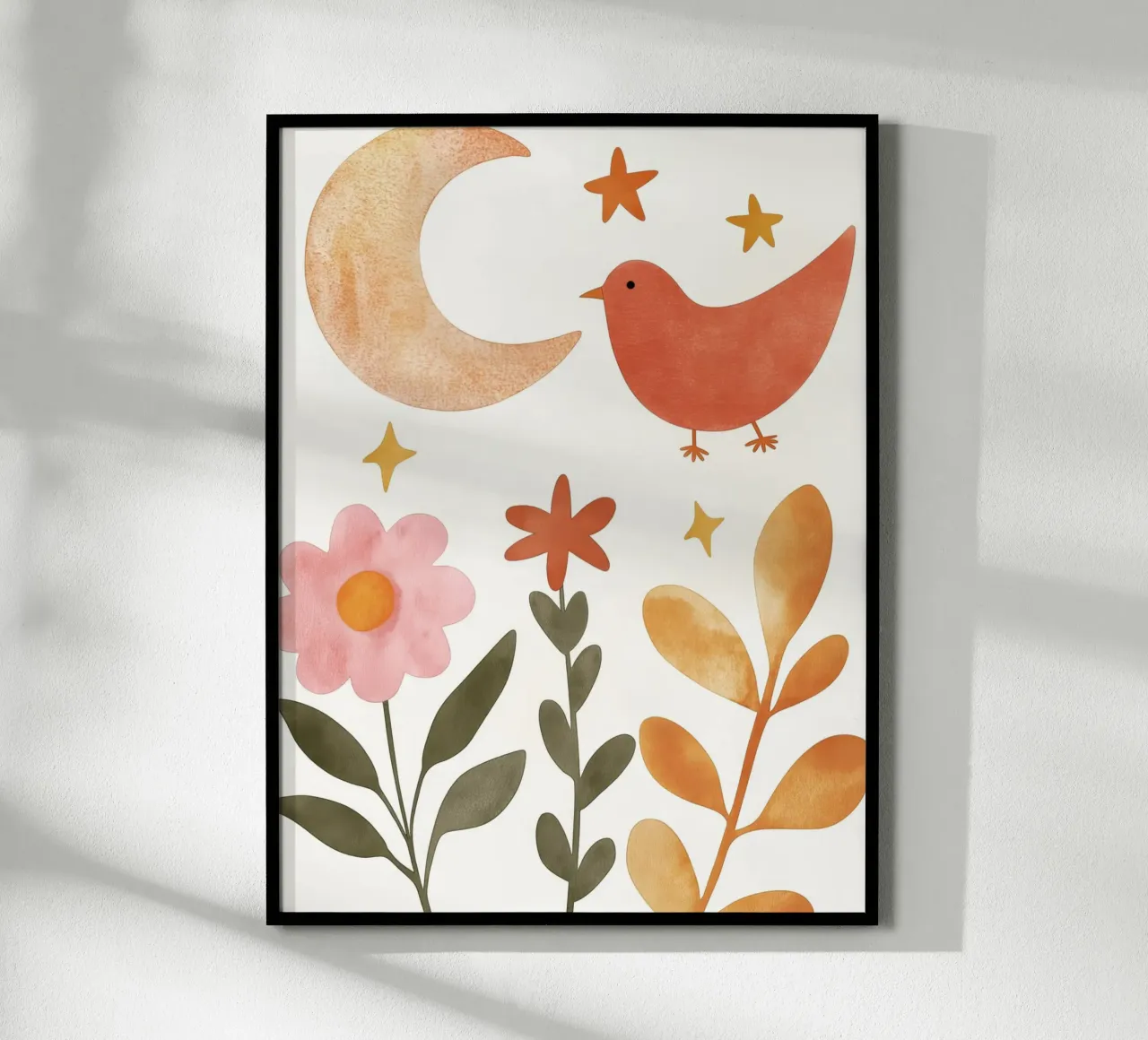 Uccello Boho nel giardino della luna Fiori e stelle botanici vintage poster con telaio in alluminio da Gentle Echoes Art