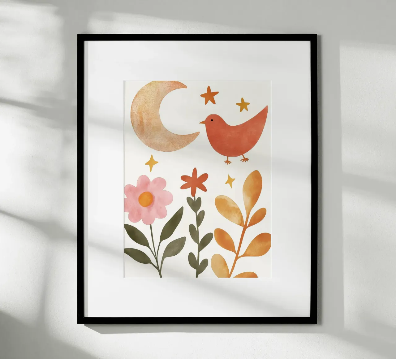 Uccello Boho nel giardino della luna Fiori e stelle botanici vintage poster con telaio in alluminio da Gentle Echoes Art