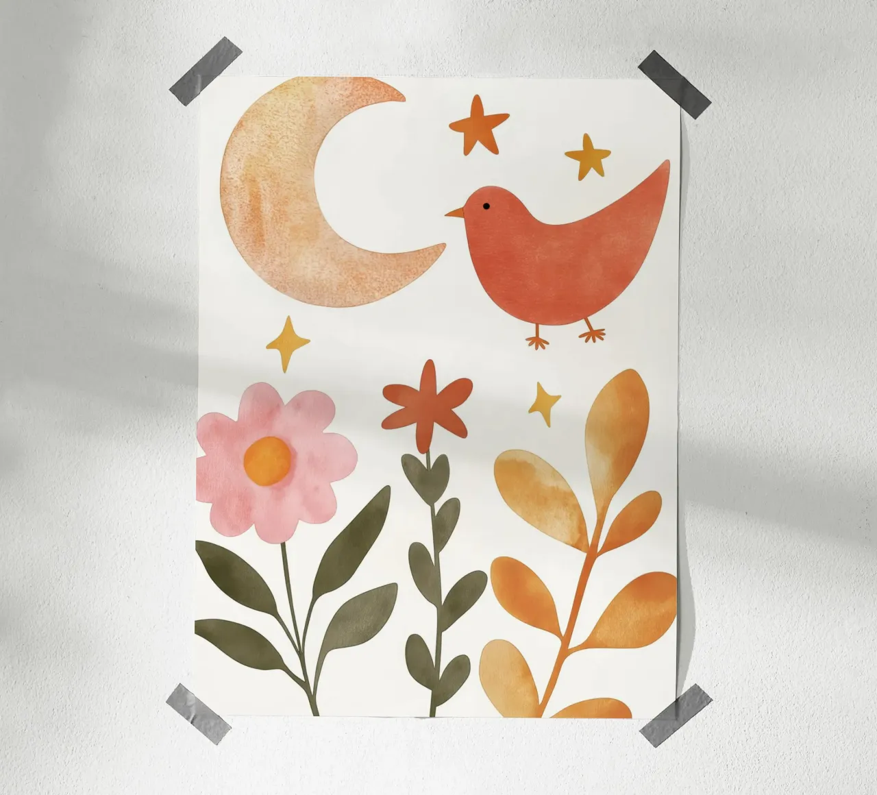 Uccello Boho nel giardino della luna Fiori e stelle botanici vintage poster con telaio in alluminio da Gentle Echoes Art