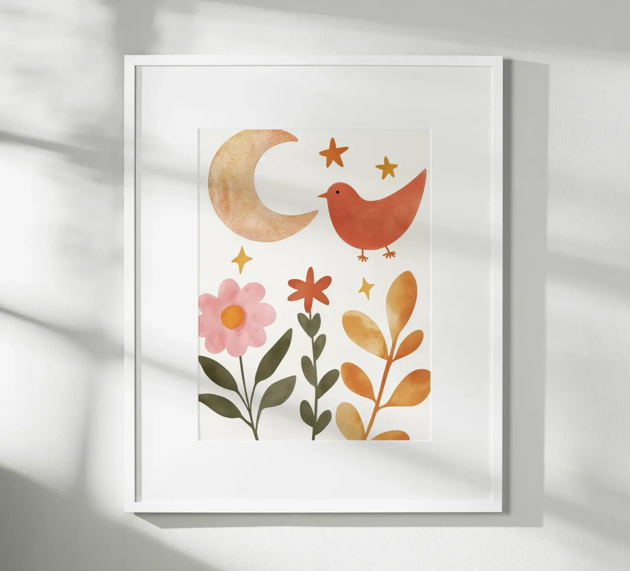 Uccello Boho nel giardino della luna Fiori e stelle botanici vintage poster con telaio in alluminio da Gentle Echoes Art