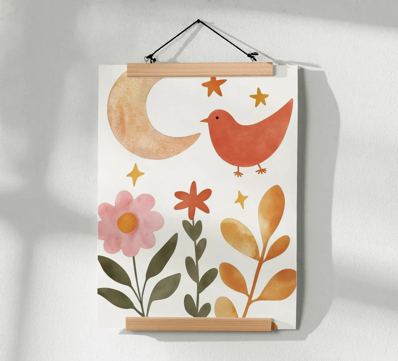 Uccello Boho nel giardino della luna Fiori e stelle botanici vintage poster con telaio in alluminio da Gentle Echoes Art