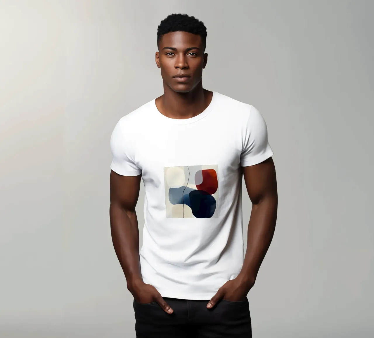 Minimal Curved Geometry in Navy and Red t-shirt by Artbyvo