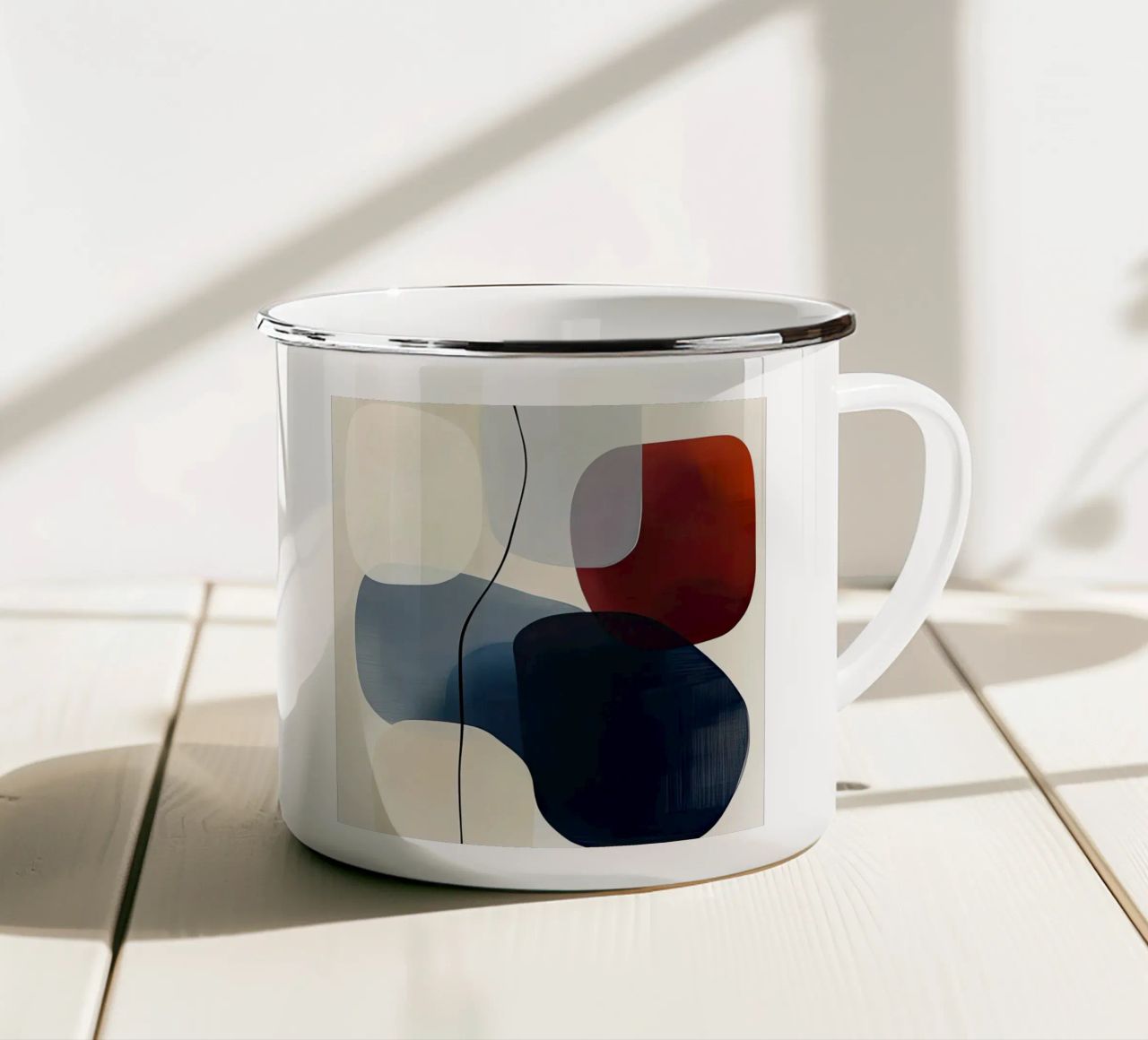 Geometria curvilinea minimale in blu e rosso tazza in smalto da Artbyvo
