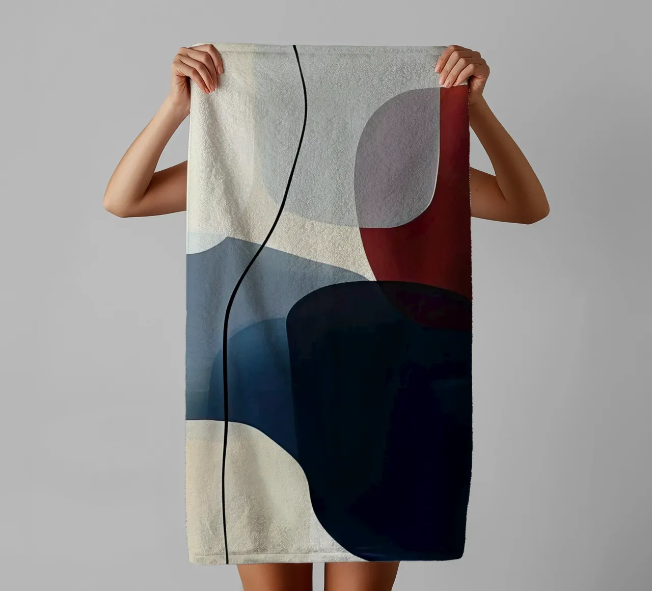 Minimalistische geschwungene Geometrie in Marineblau und Rot Handtuch von Artbyvo