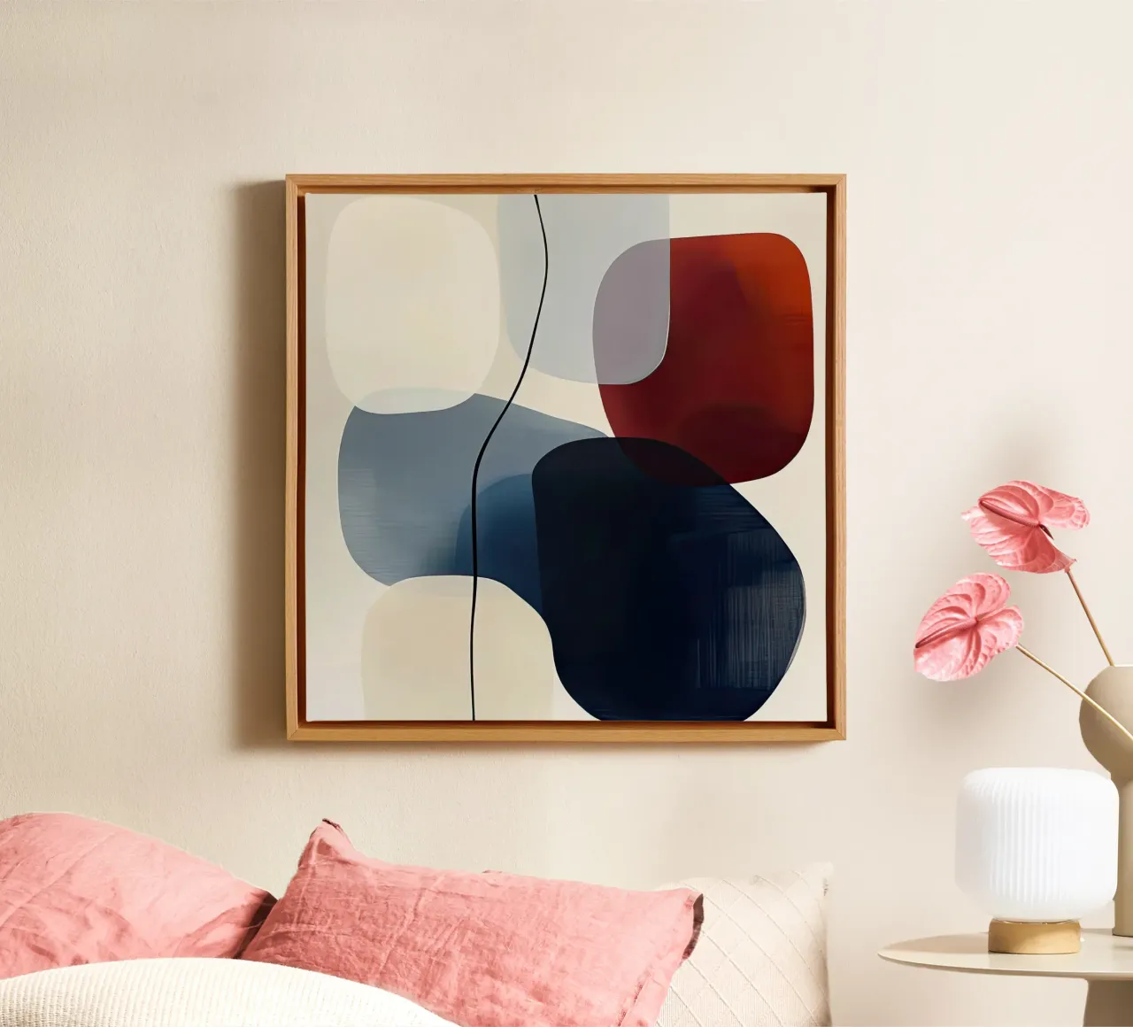 Minimal Curved Geometry in Navy and Red canvas by Artbyvo