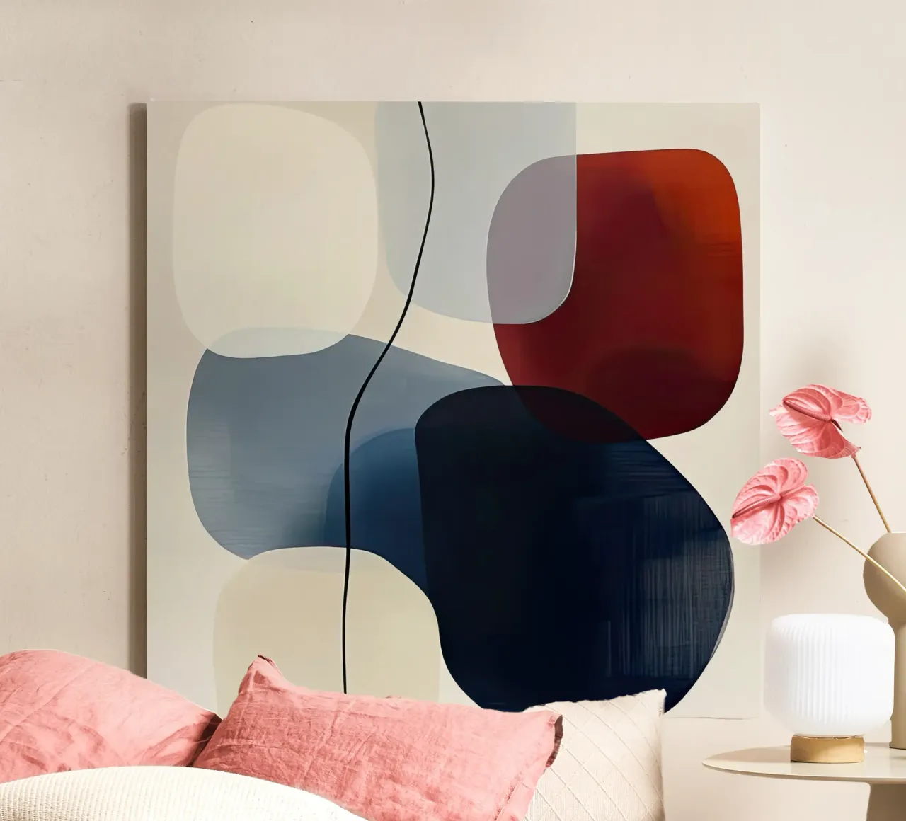 Minimal Curved Geometry in Navy and Red canvas by Artbyvo
