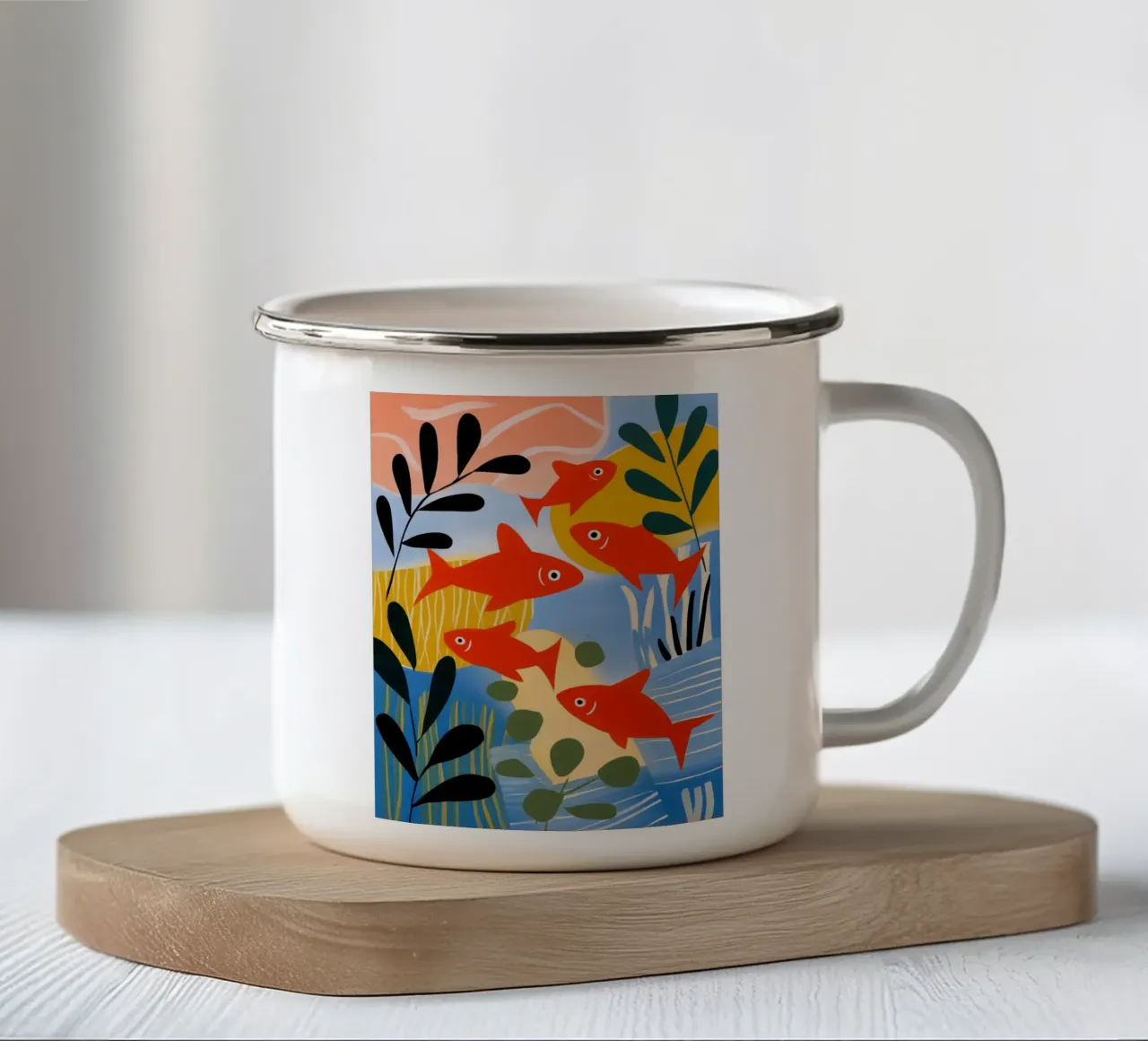 Cinque pesci rossi - Mondo sottomarino in stile Matisse tazza in smalto da Autofocus