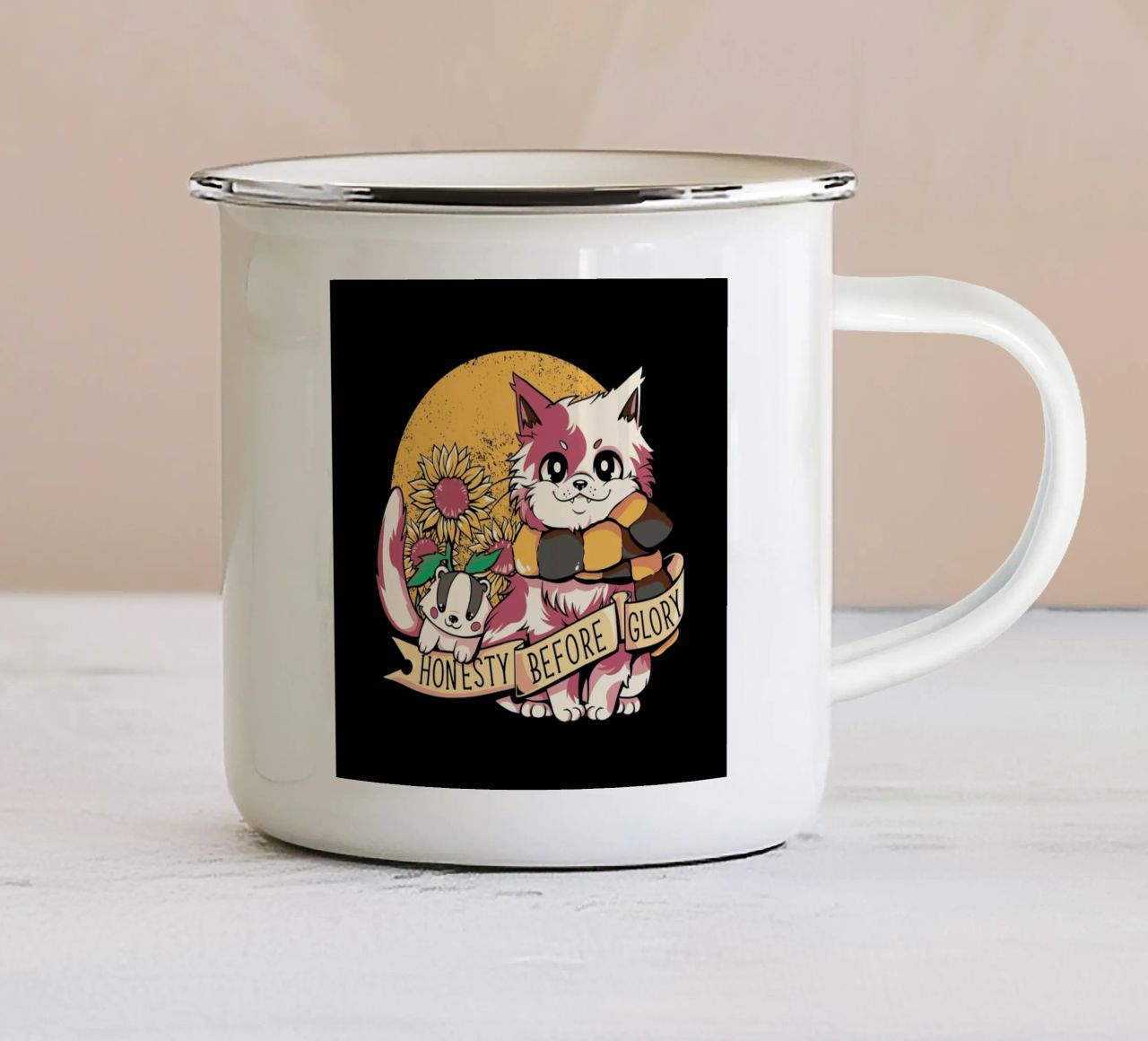 Giant Cat, Tiny Elephant tazza in smalto da Tobe Fonseca