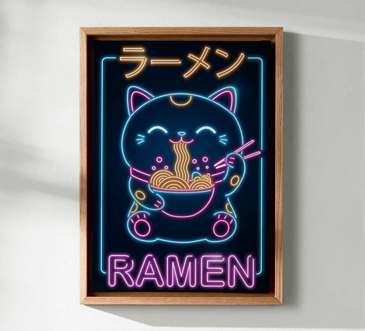 Retro Neko Ramen Bord canvas met Baklijst van Patrick J Curtis