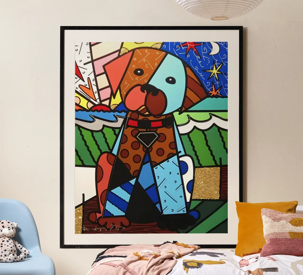 R Britto - Cute Dog poster con telaio in legno da Algoritm