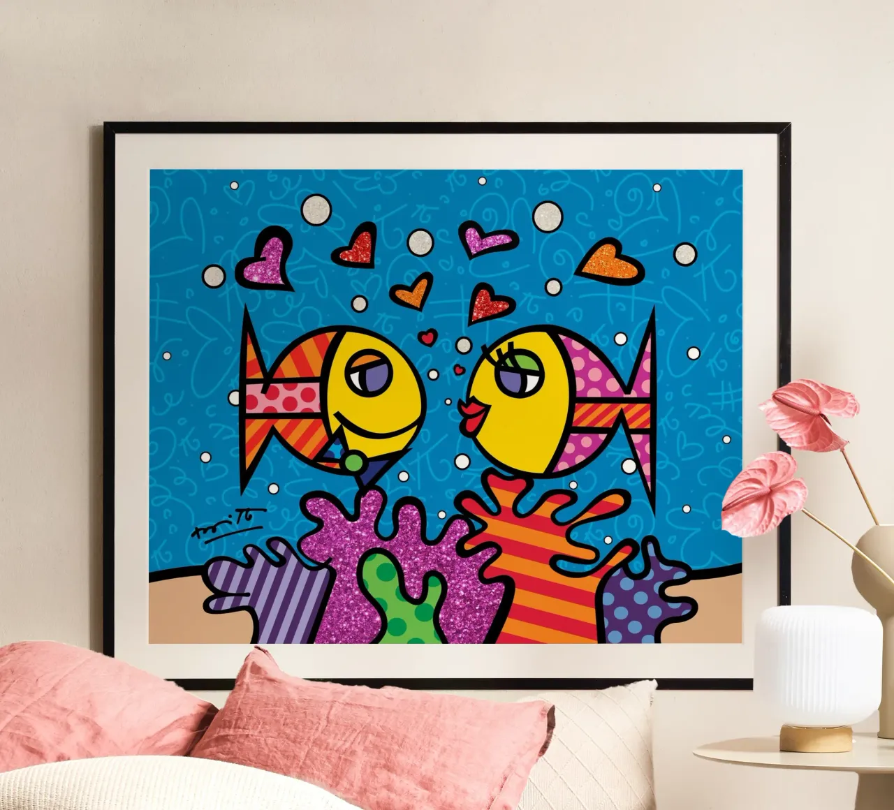 Love Fish poster con telaio in legno da Algoritm