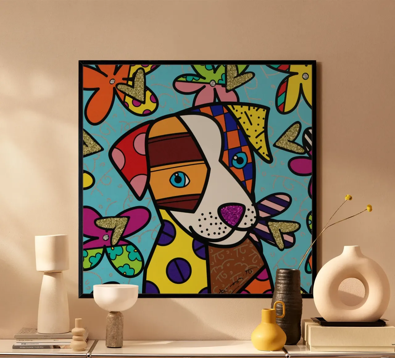 R Britto - Cute Dog poster con telaio in legno da Algoritm