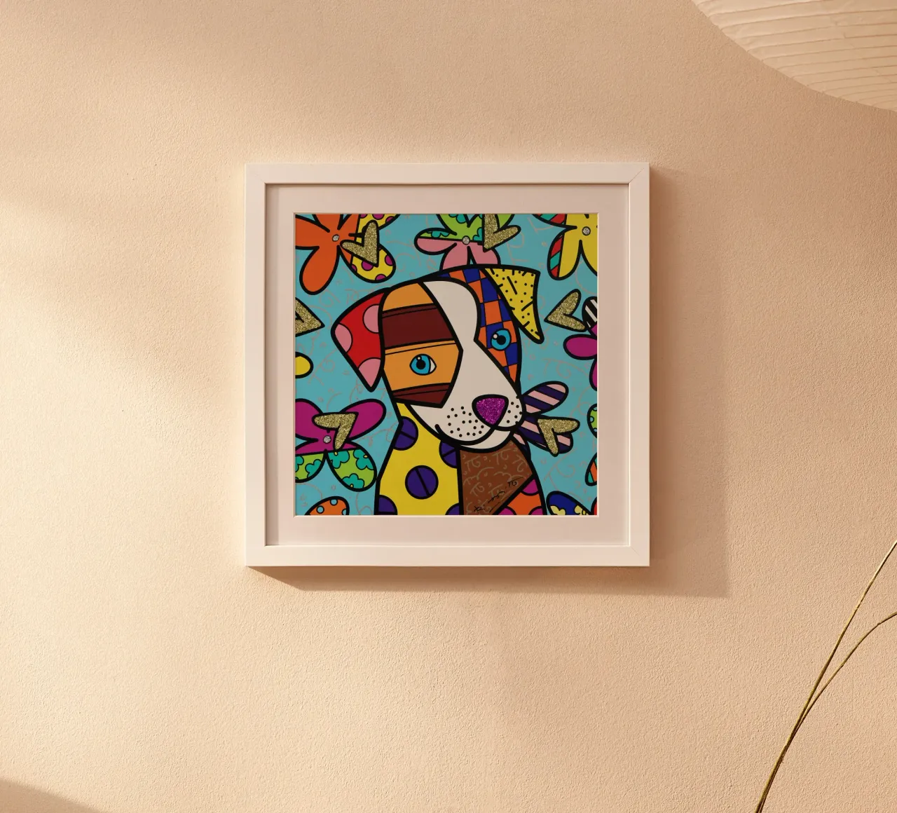 R Britto - Cute Dog poster con telaio in legno da Algoritm