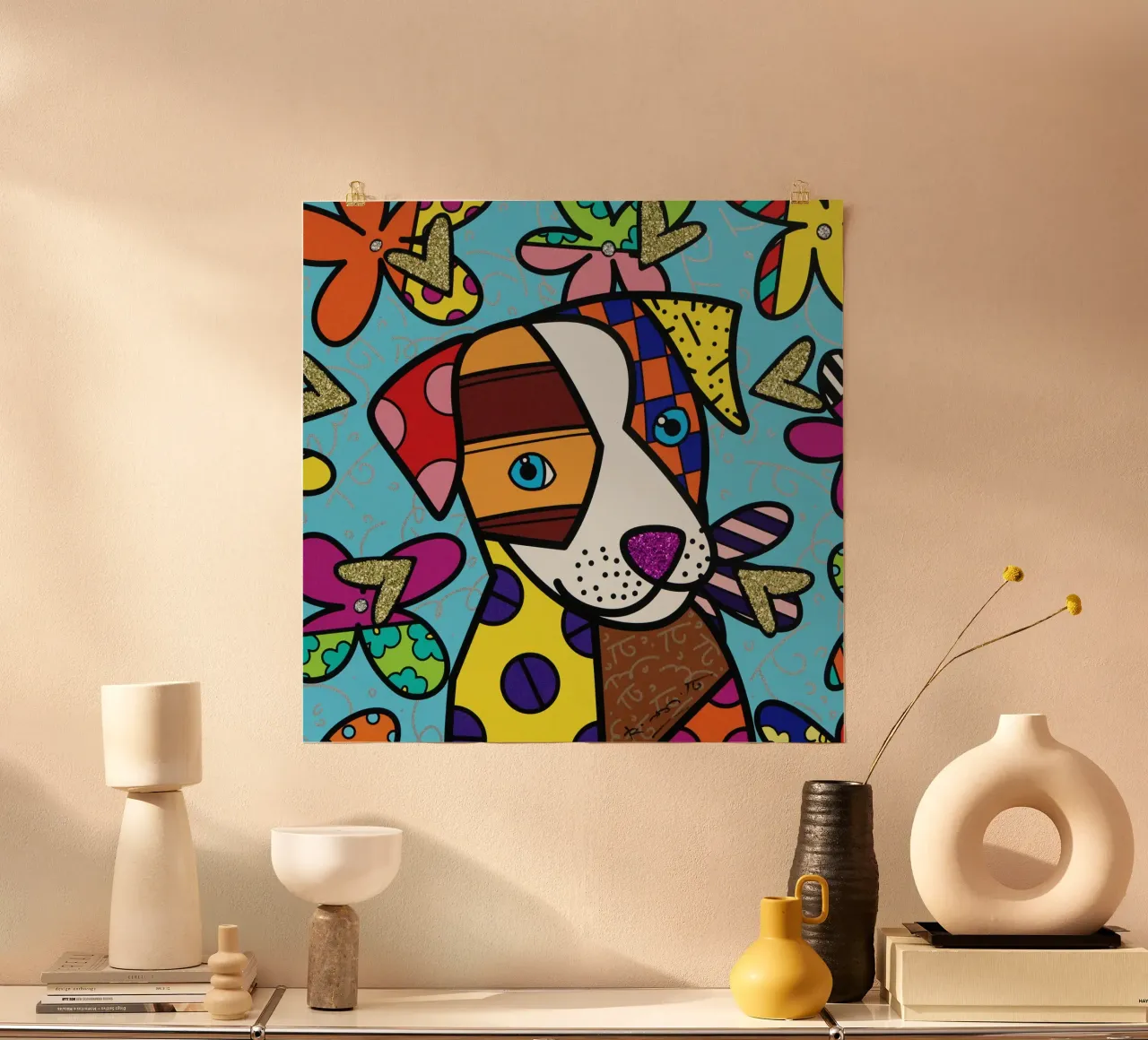 R Britto - Cute Dog poster con telaio in legno da Algoritm